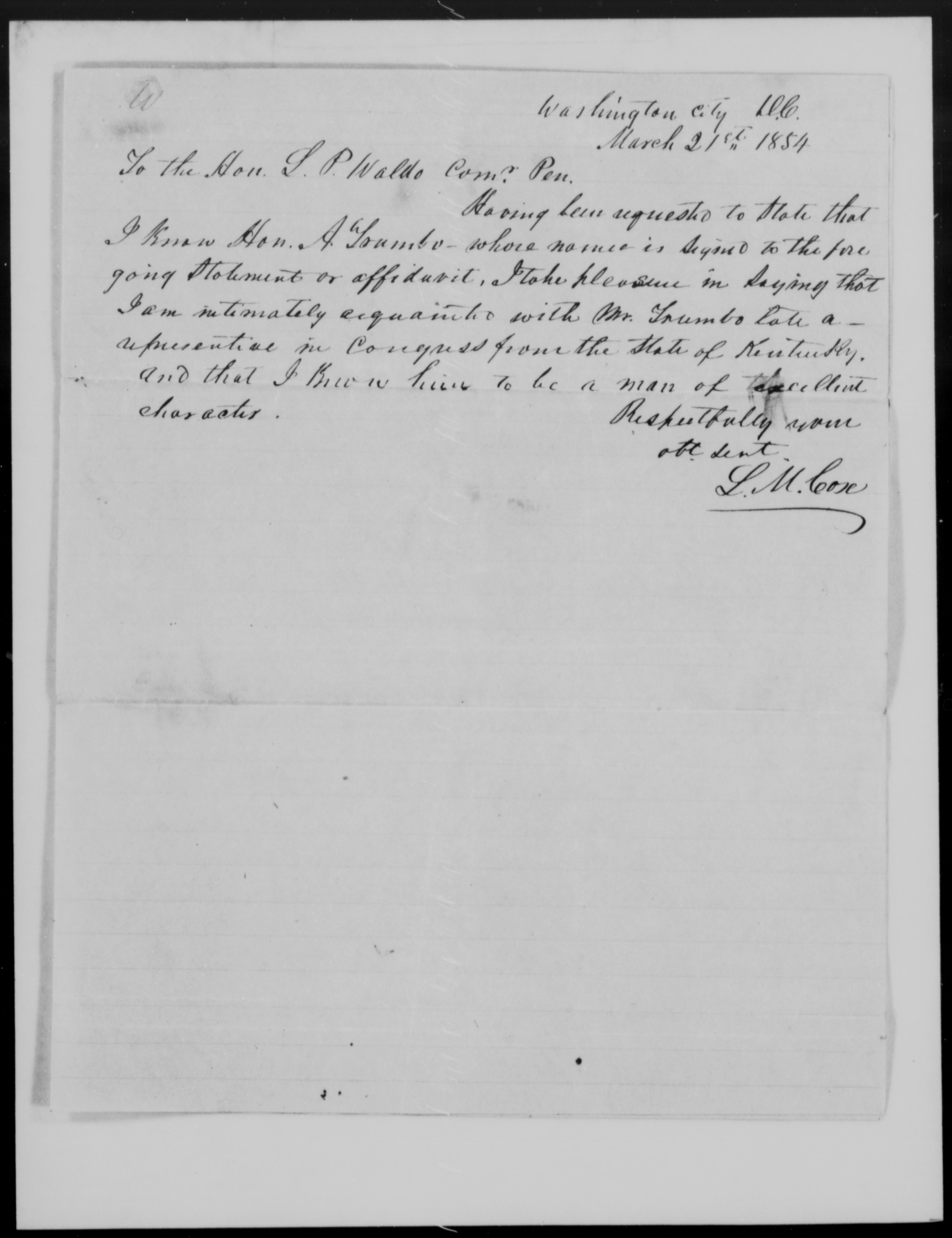 Letter from Leander Martin Cox to Loren Pinckney Waldo, 21 March 1854