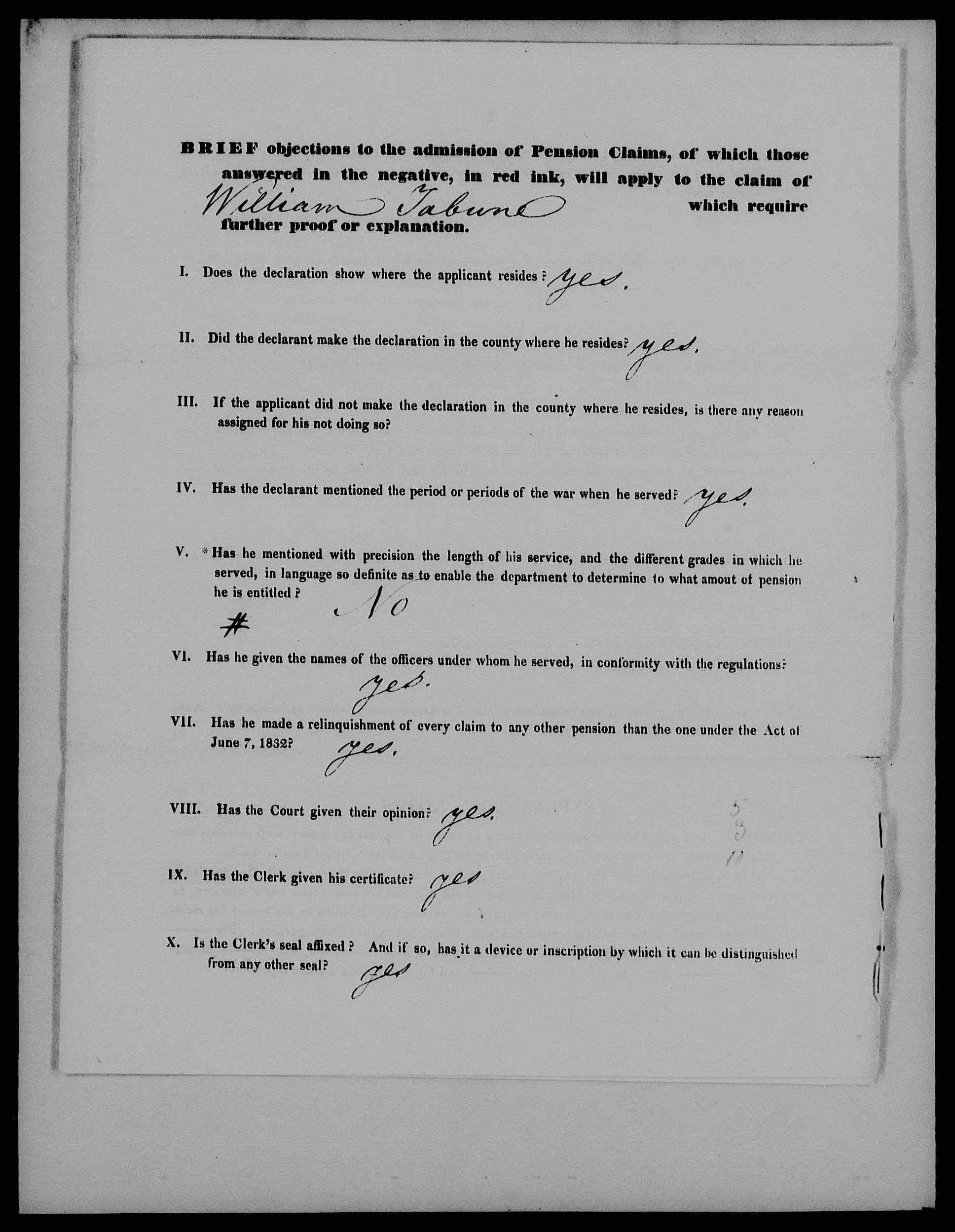 Objections to the Pension Claim of William Taburn, circa 7 February 1834, page 1