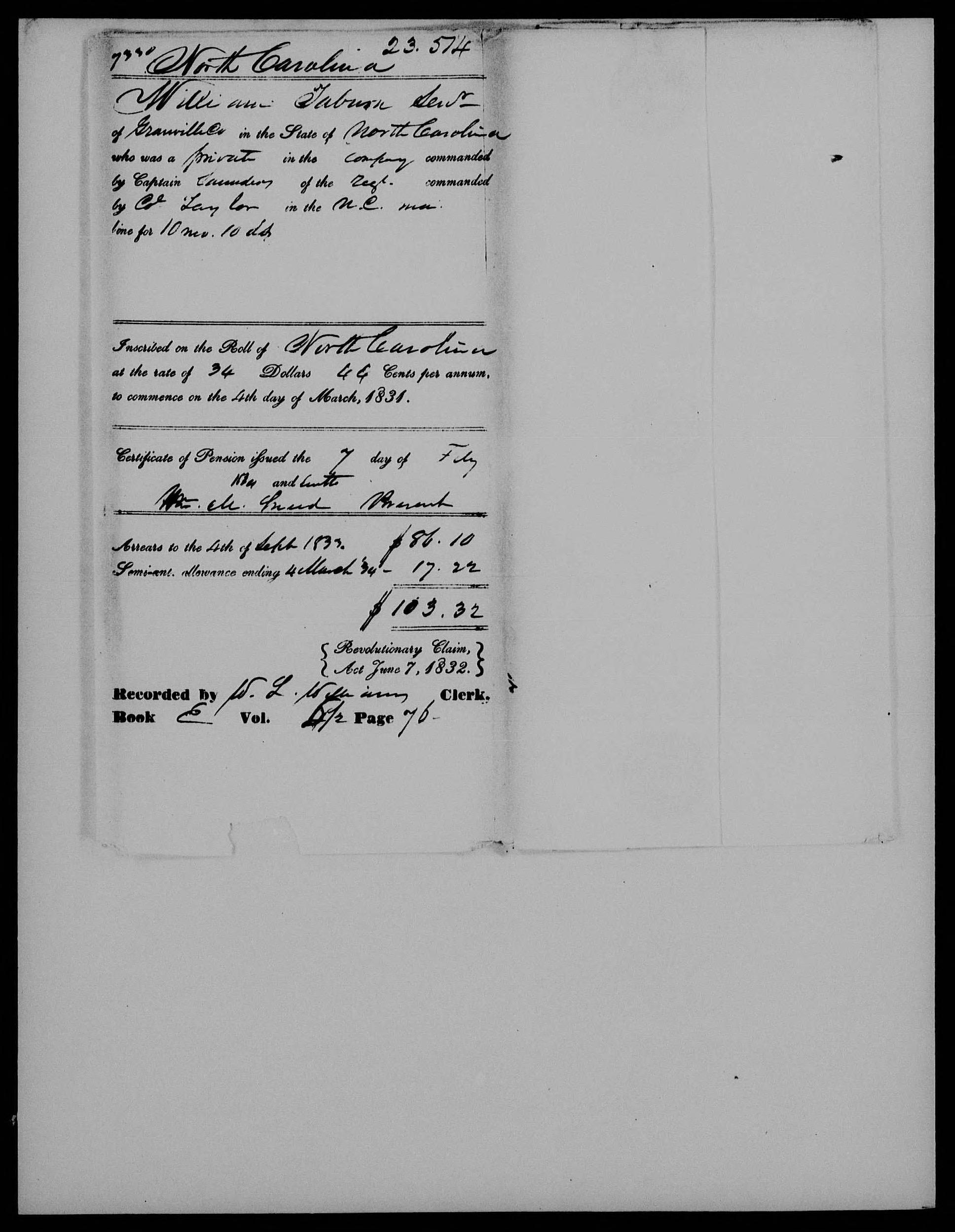 Docket for Pension from the U.S. Pension Office for William Taburn, 7 February 1834
