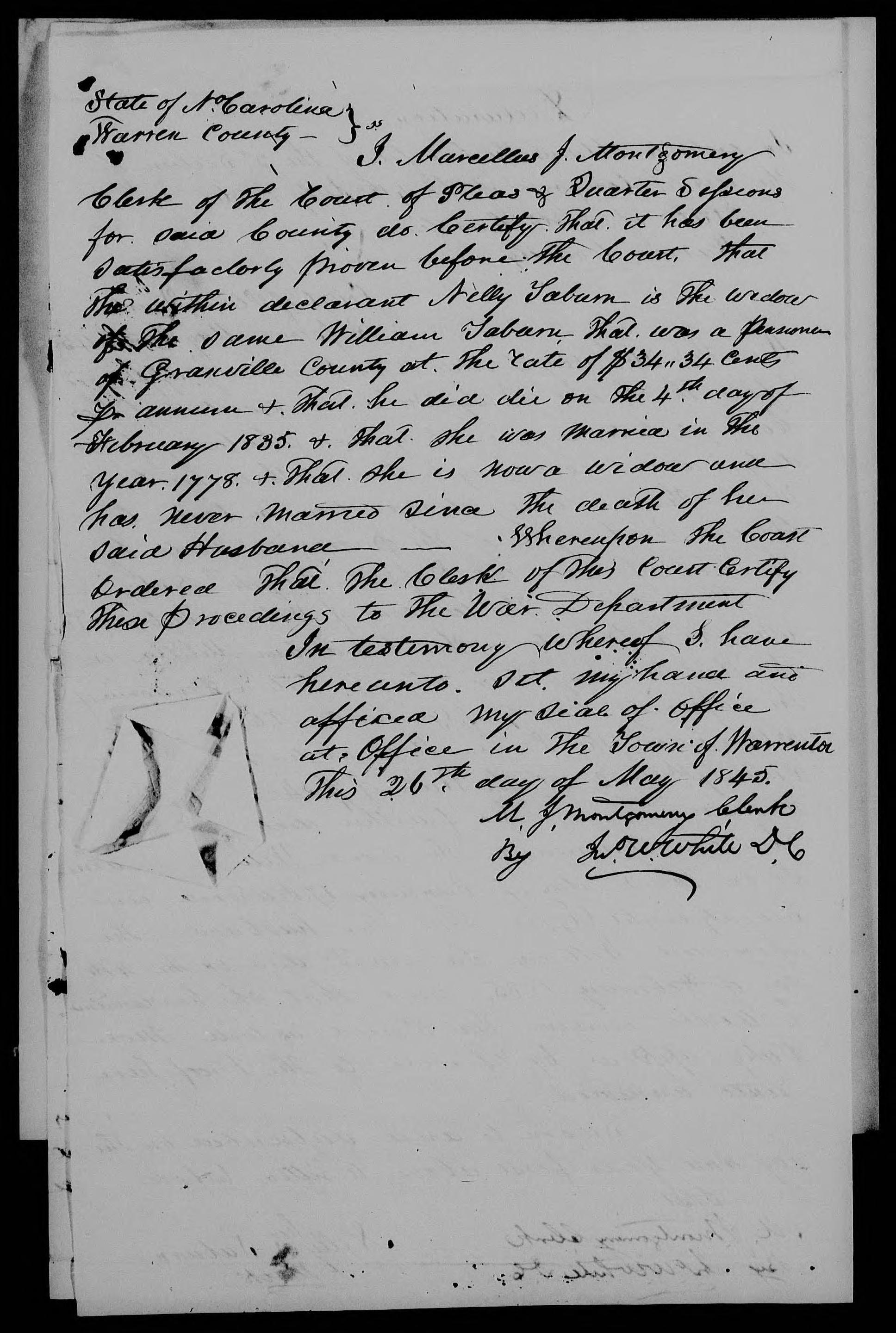 Application for a Widow's Pension from Nelly Taburn, 26 May 1845, page 2