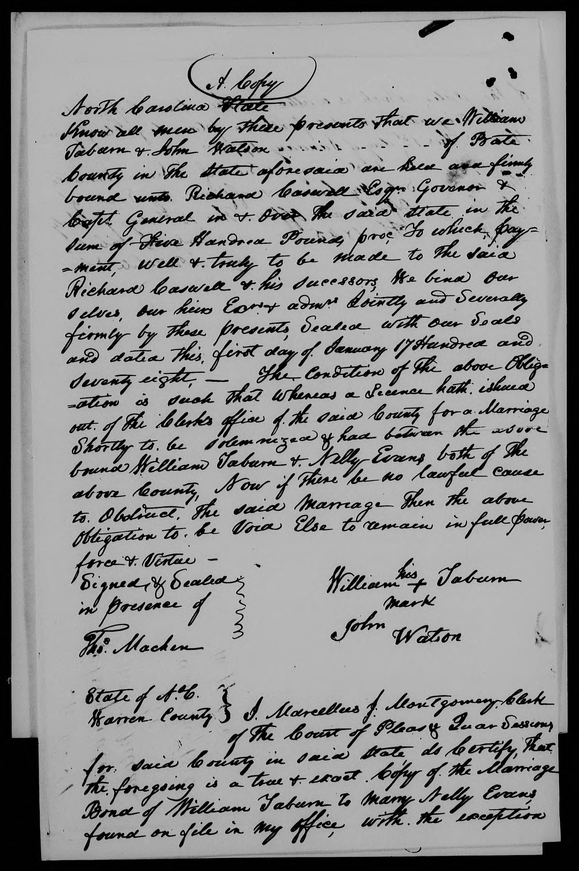Marriage Bond for William Taburn and Nelly Evans, 1 January 1778, page 1