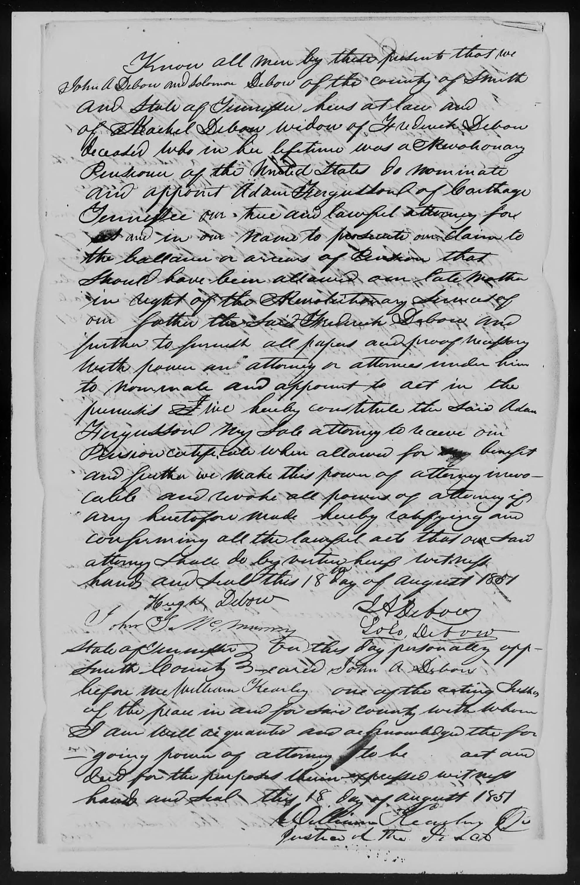 Declaration of Heirs of Rachel Debow to the U.S. Pension Office, 18 August 1851