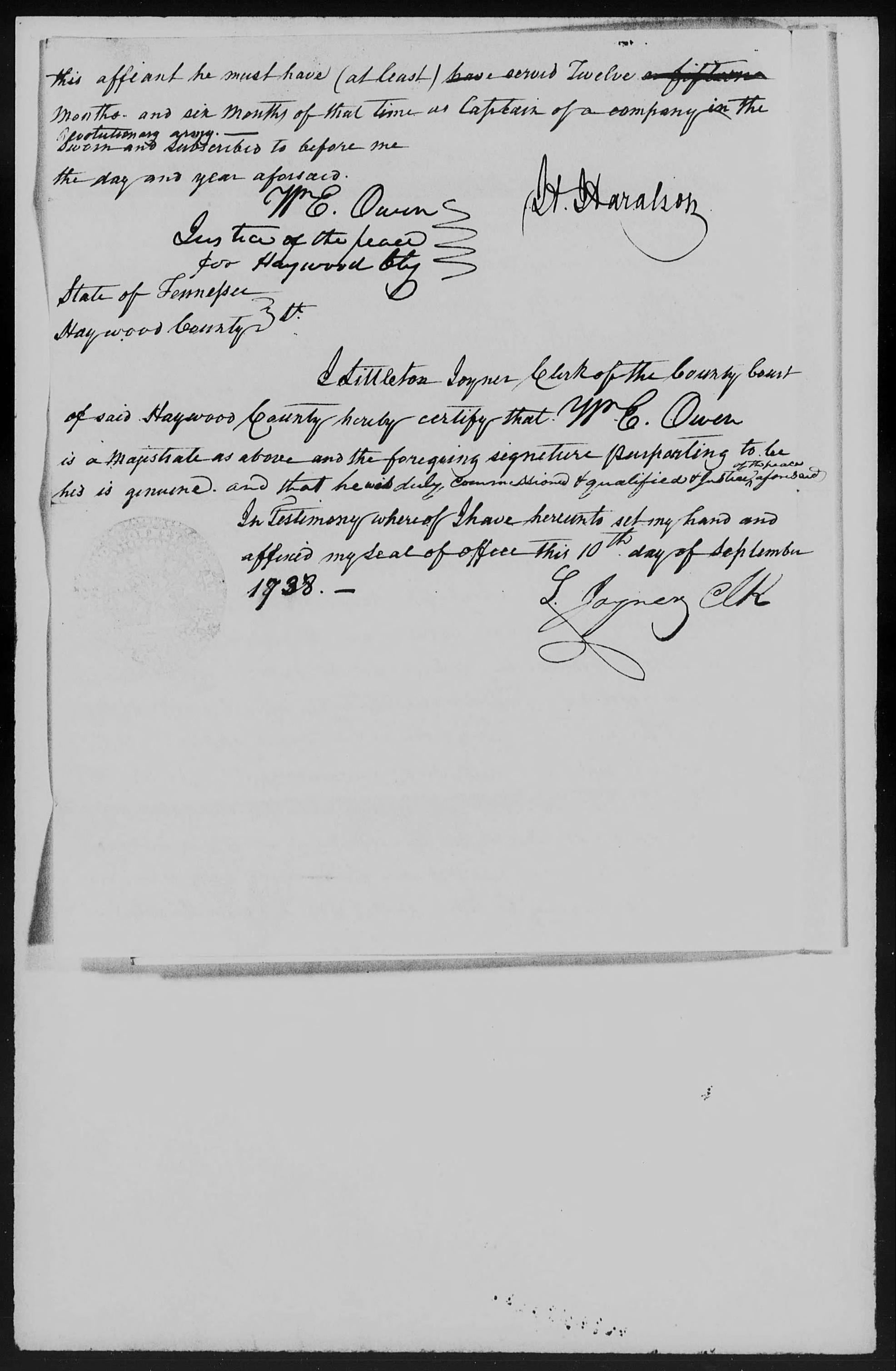 Affidavit of Herndon Haralson in support of a Pension Claim for Rachel Debow, 10 September 1838, page 2