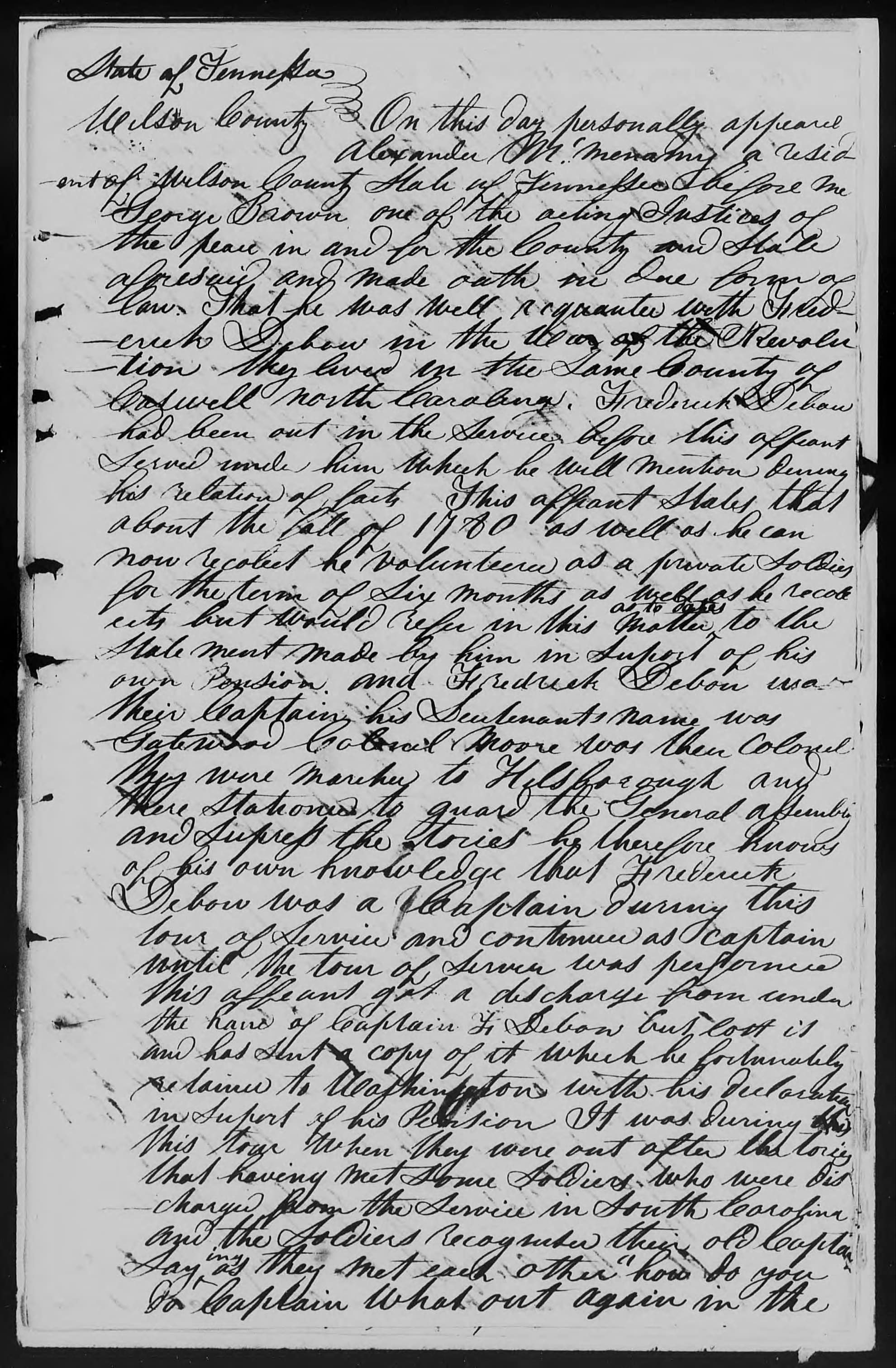 Affidavit of Alexander McMennamy in support of a Pension Claim for Rachel Debow, 14 August 1837, page 1