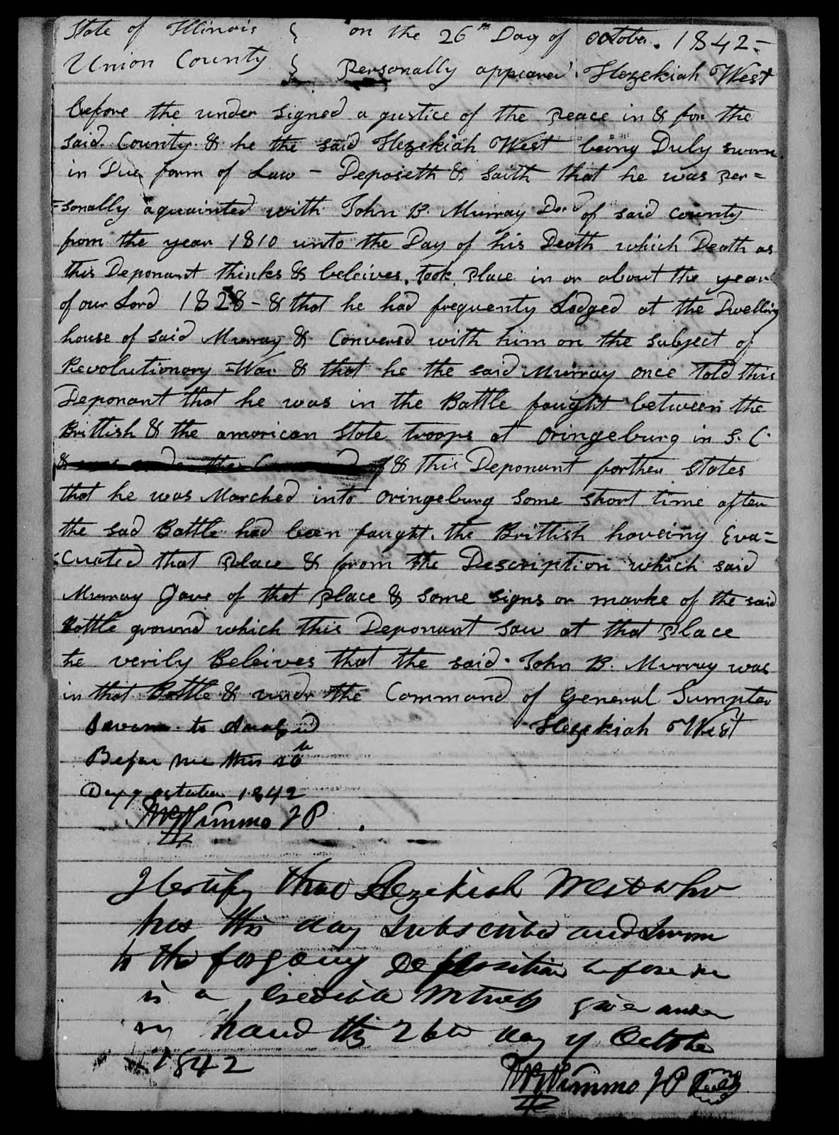 Affidavit of Hezekiah West in support of a Pension Claim for Rosana Murray, 26 October 1842, page 1