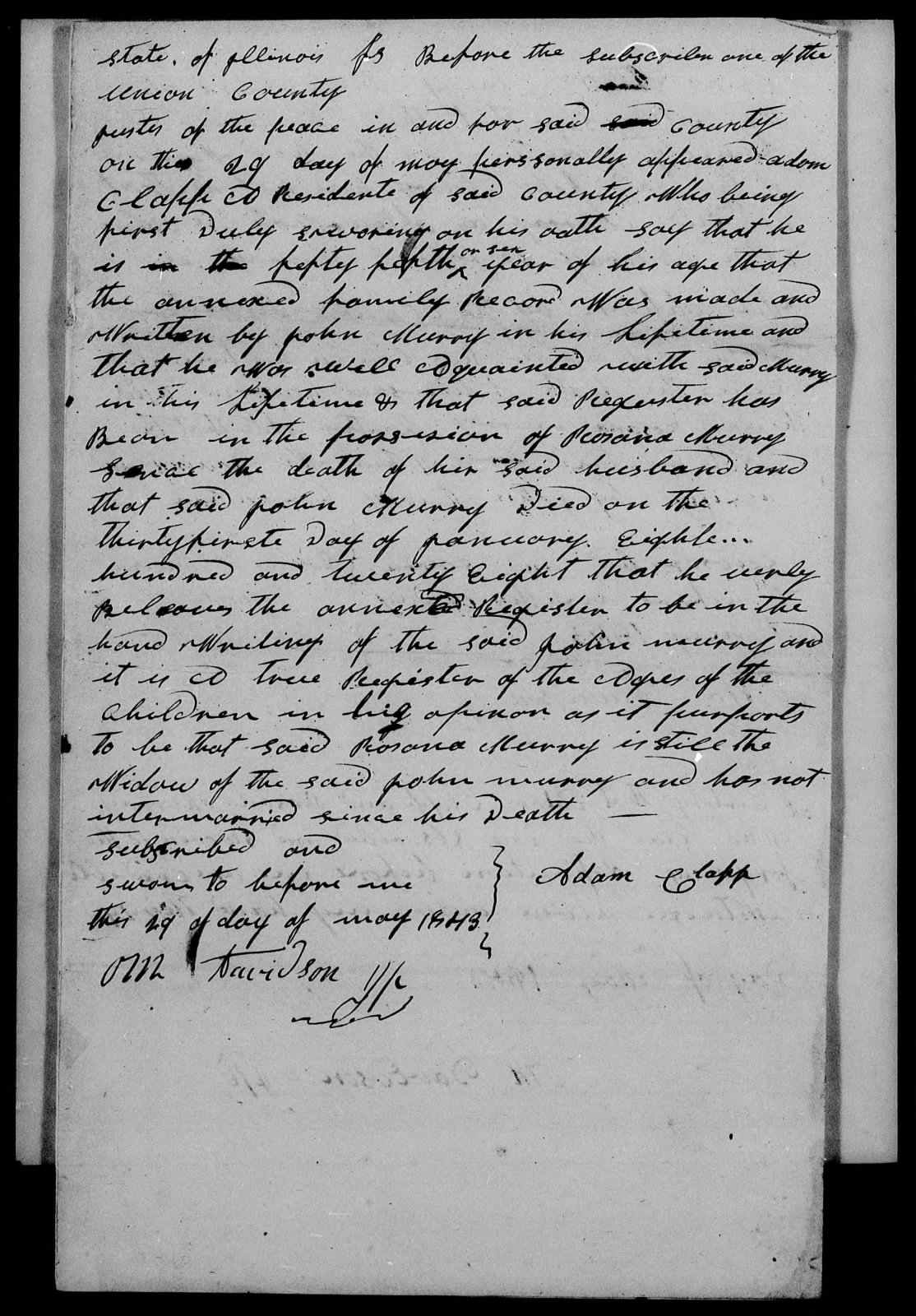 Affidavit of Adam Clapp in support of a Pension Claim for Rosana Murray, 29 May 1843