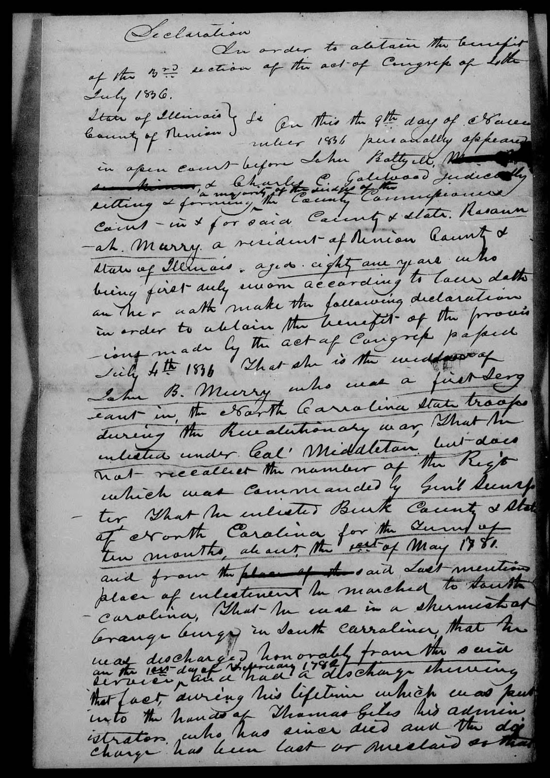 Application for a Widow's Pension from Rosana Murray, 9 November 1836, page 1