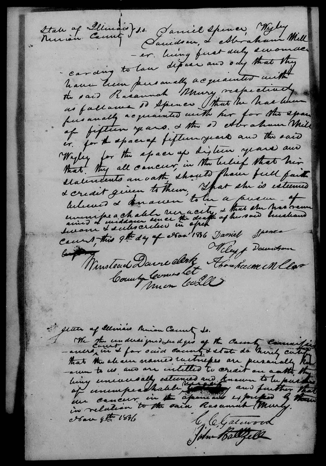 Affidavit of Daniel Spence, Wiley Davidson, and Abraham Miller in support of a Pension Claim for Rosana Murray, 9 December 1836