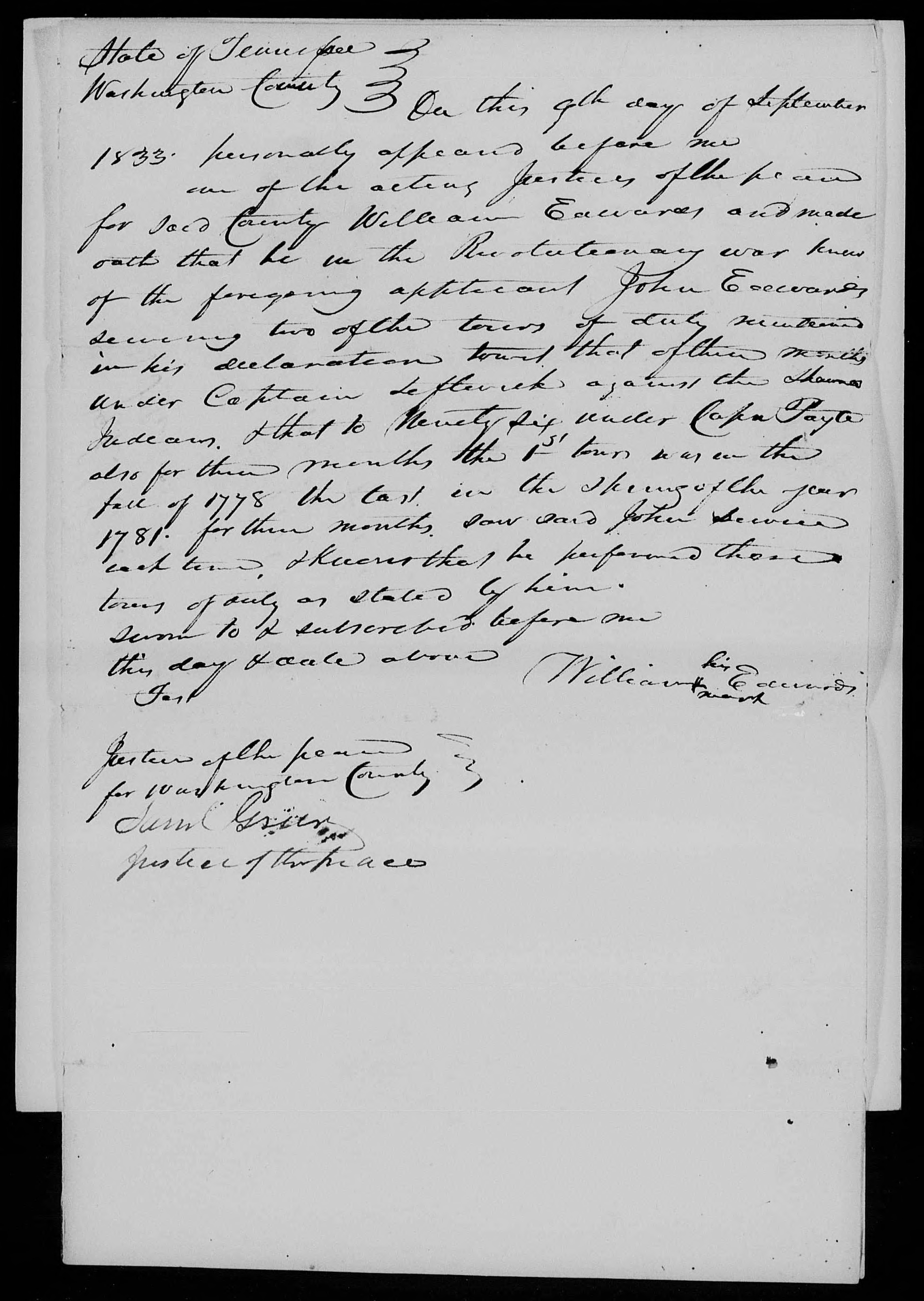 Affidavit of William Edwards in support of a Pension Claim for John Edwards, 9 September 1833