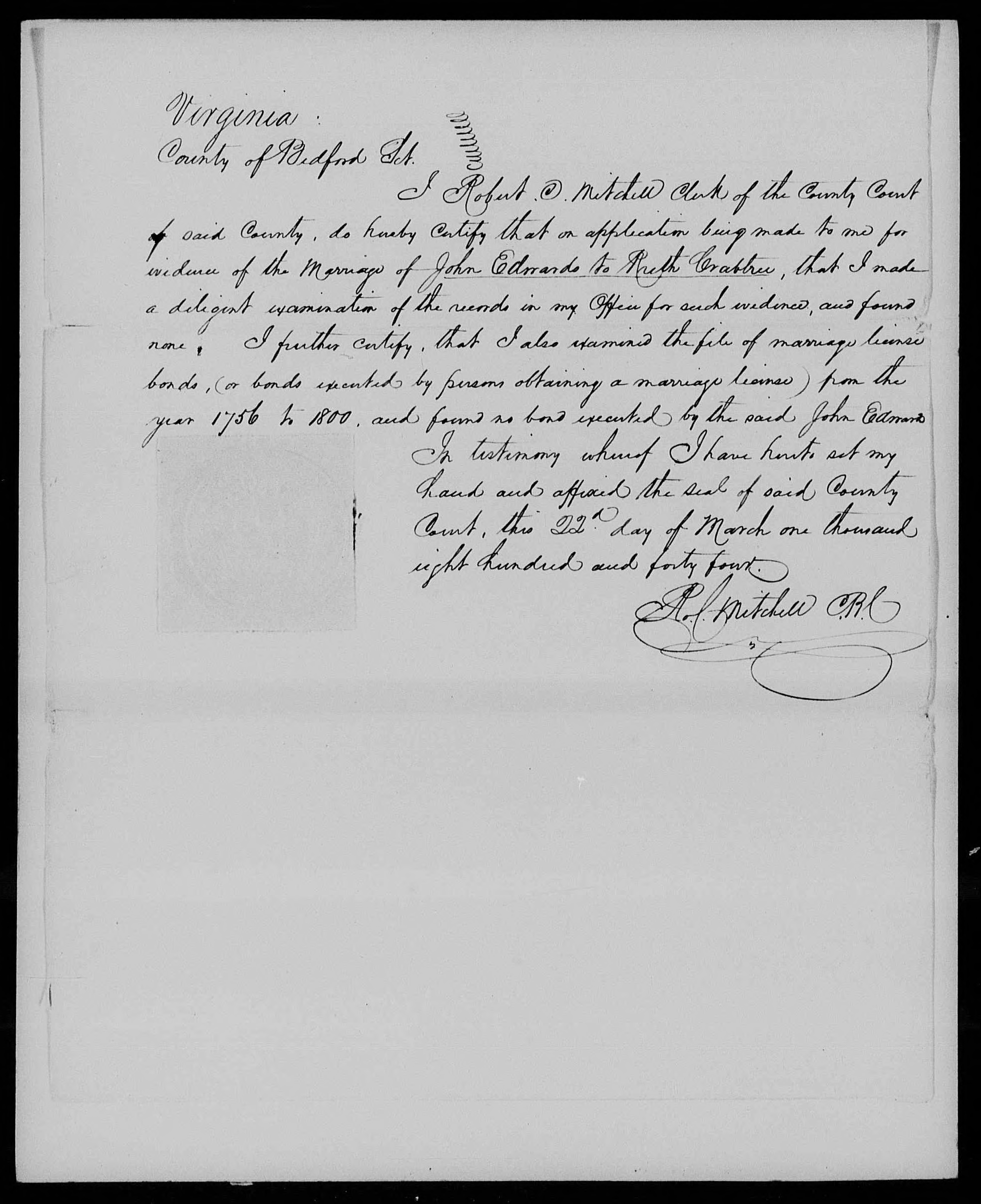 Proof of Marriage from Robert Mitchell for John Edwards and Ruth Crabtree, 22 March 1844