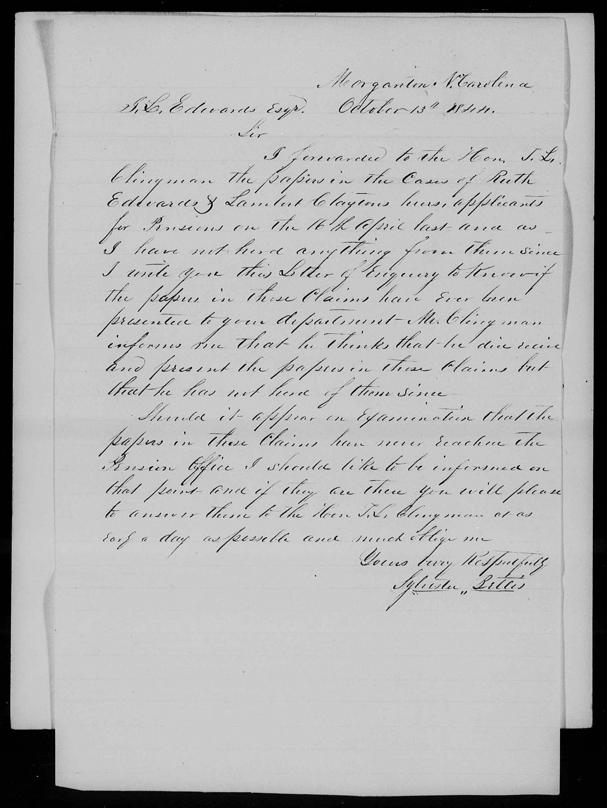Letter from Sylvester Bettis to James L. Edwards, 13 October 1844, page 1