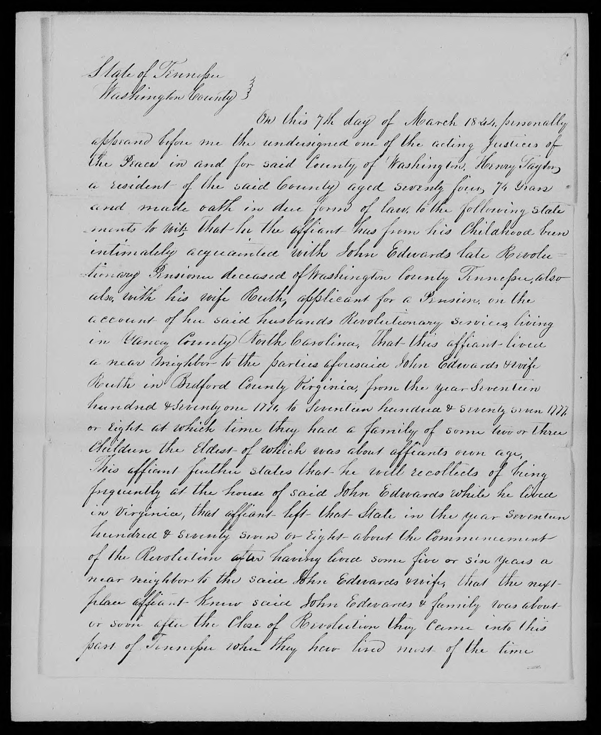 Affidavit of Henry Taylor in support of a Pension Claim for Ruth Edwards, 7 March 1844, page 1