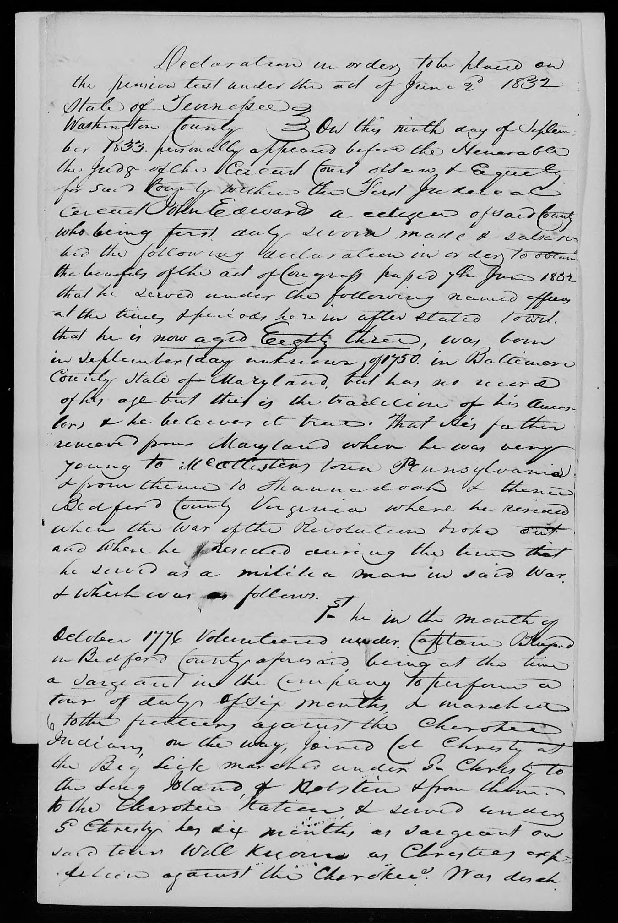 Application for a Veteran's Pension from John Edwards, 9 September 1833, page 1