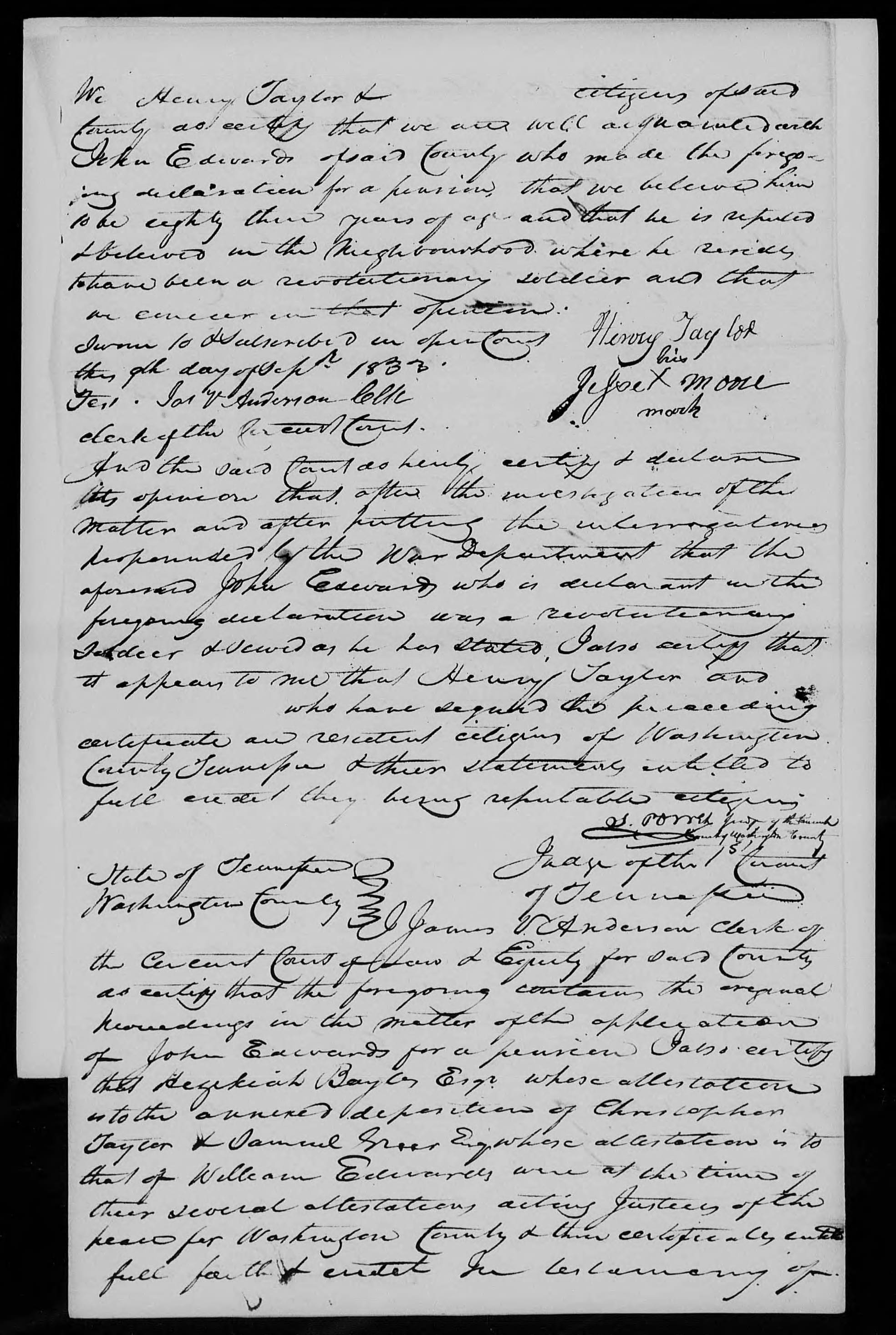 Affidavit of Henry Taylor and Jesse Moore in support of a Pension Claim for John Edwards, 9 September 1833, page 1