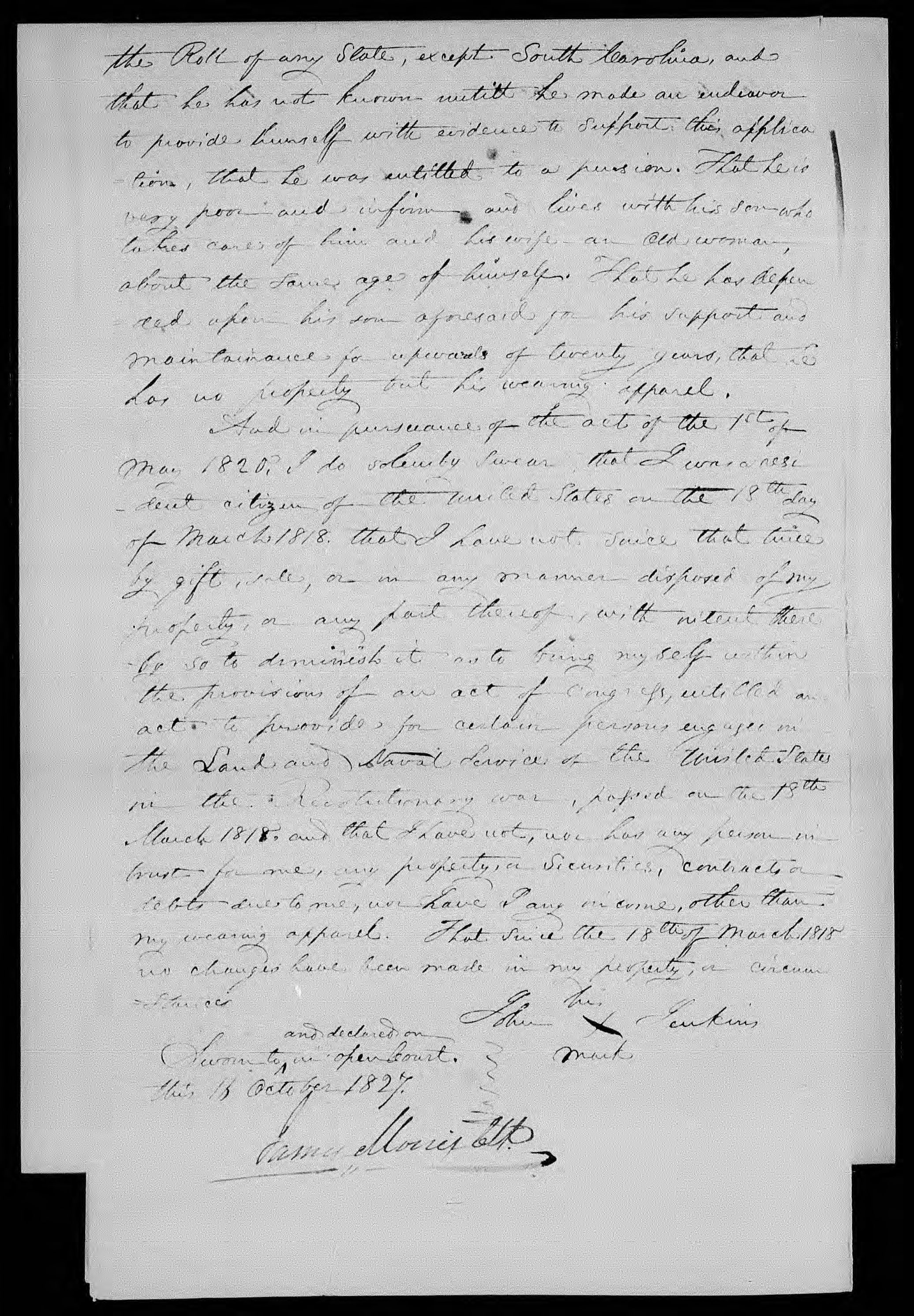 Application for a Veteran's Pension from John Jenkins, 18 October 1827, page 2