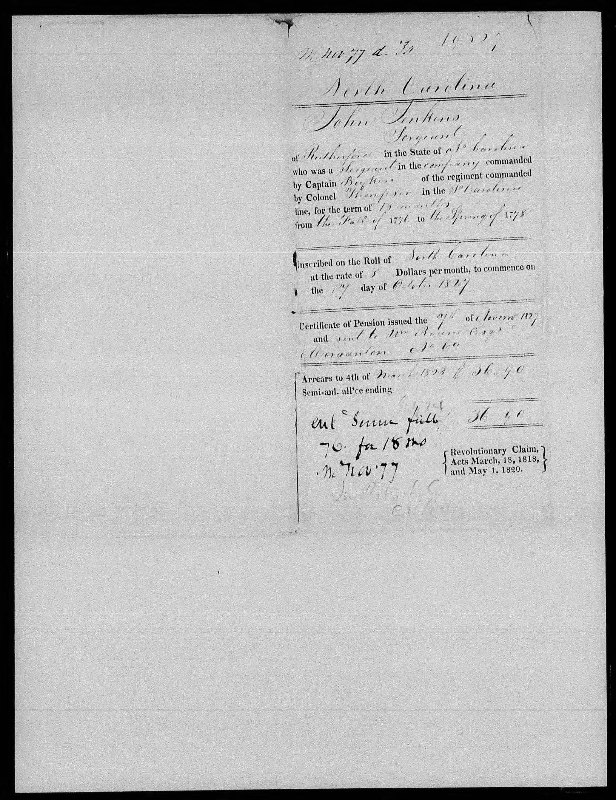 Docket for Pension from the U.S. Pension Office for John Jenkins, 7 November 1827