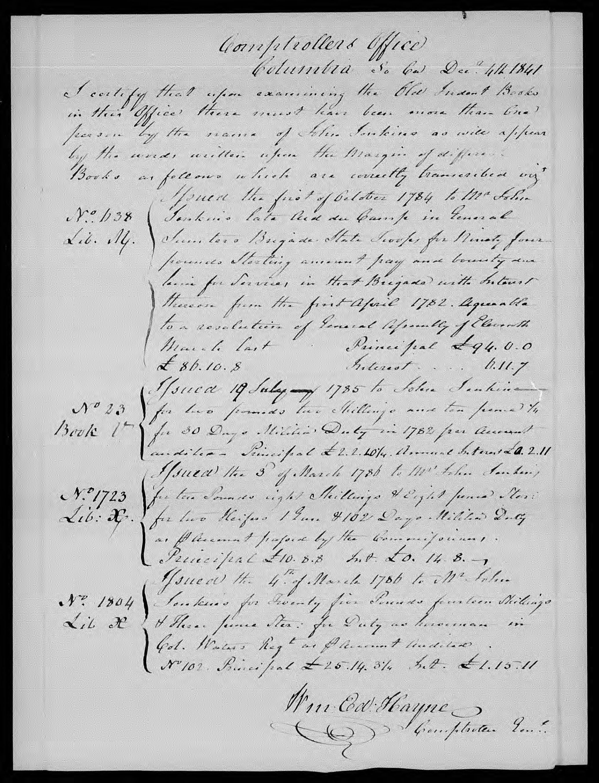 Proof of Service for John Jenkins, 4 December 1841