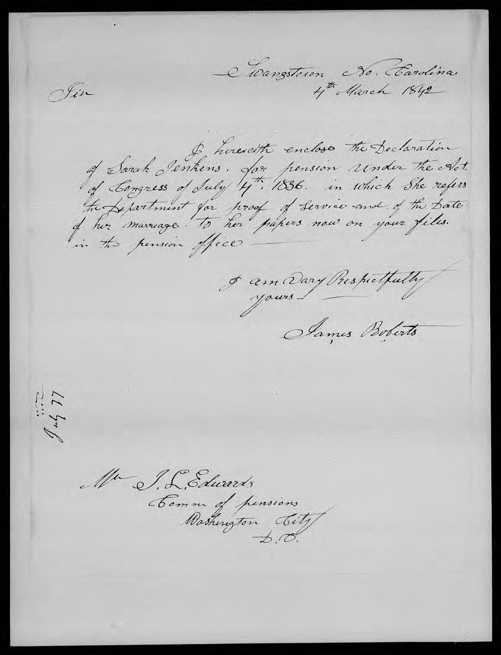 Letter from James Roberts to James L. Edwards, 4 March 1842