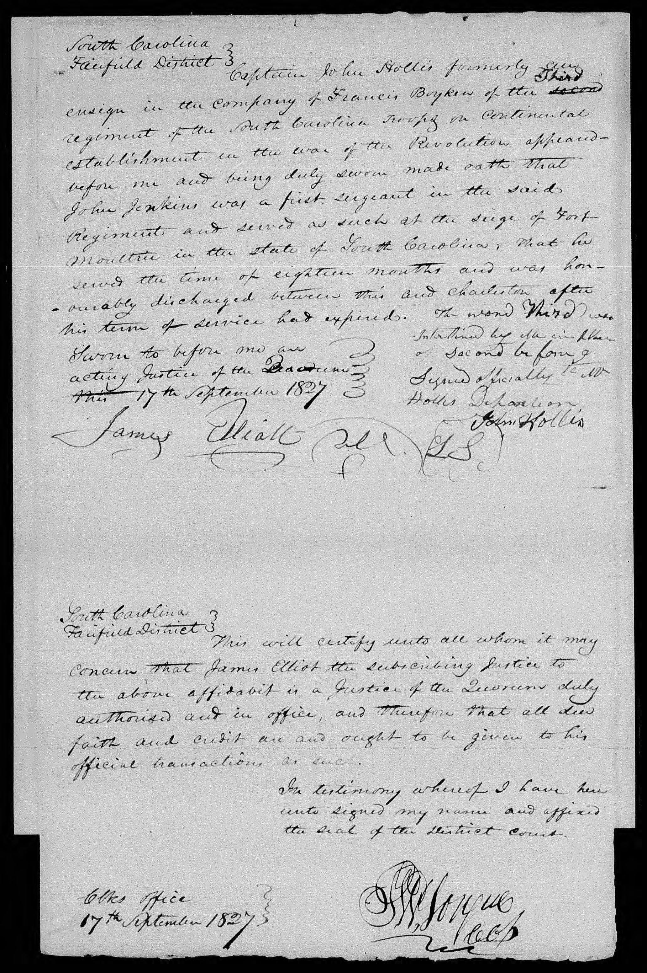 Affidavit of John Hollis in support of a Pension Claim for John Jenkins, 17 September 1827, page 1