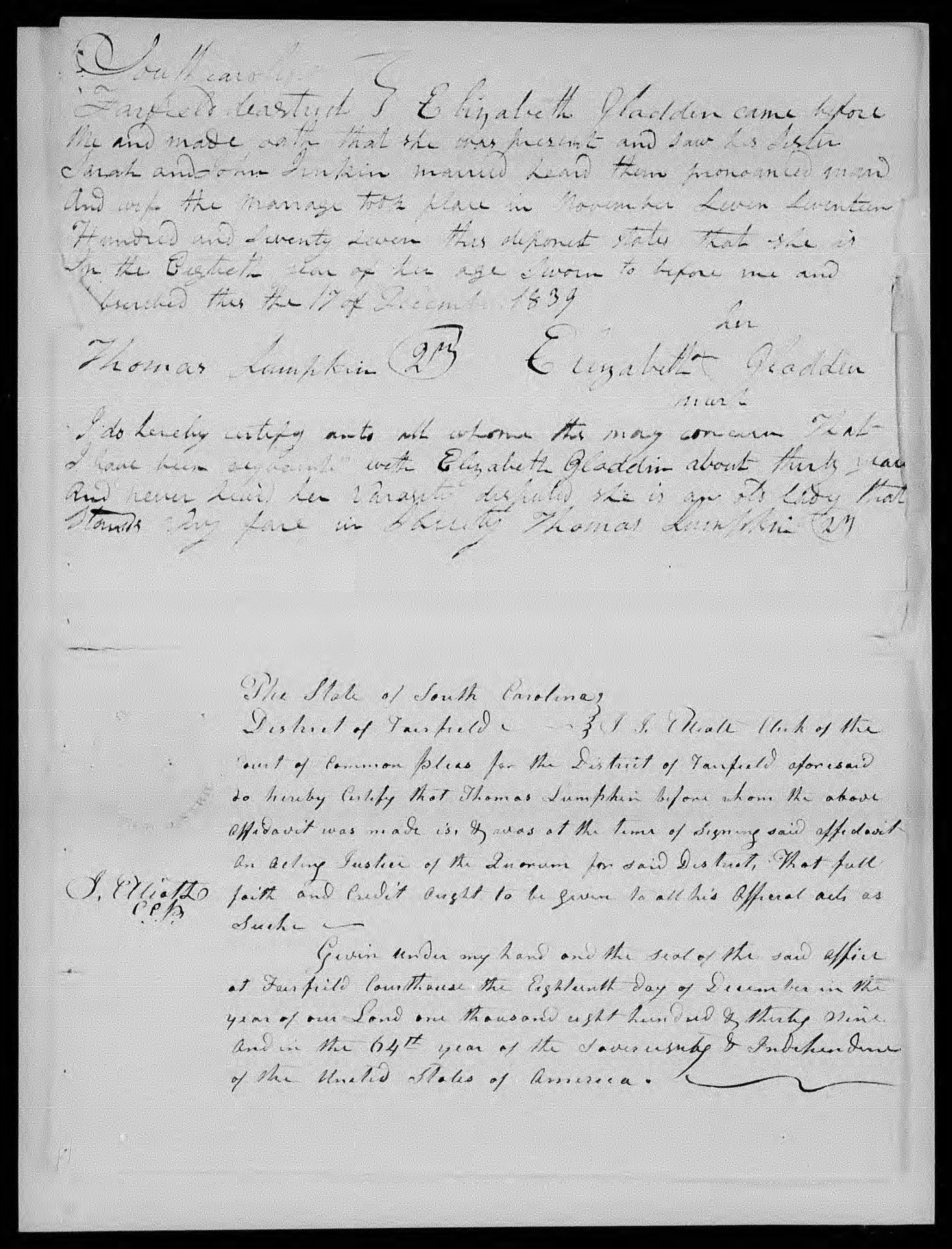  Affidavit of Elizabeth Gladden in support of a Pension Claim for Sarah Jenkins, 17 December 1839, page 1