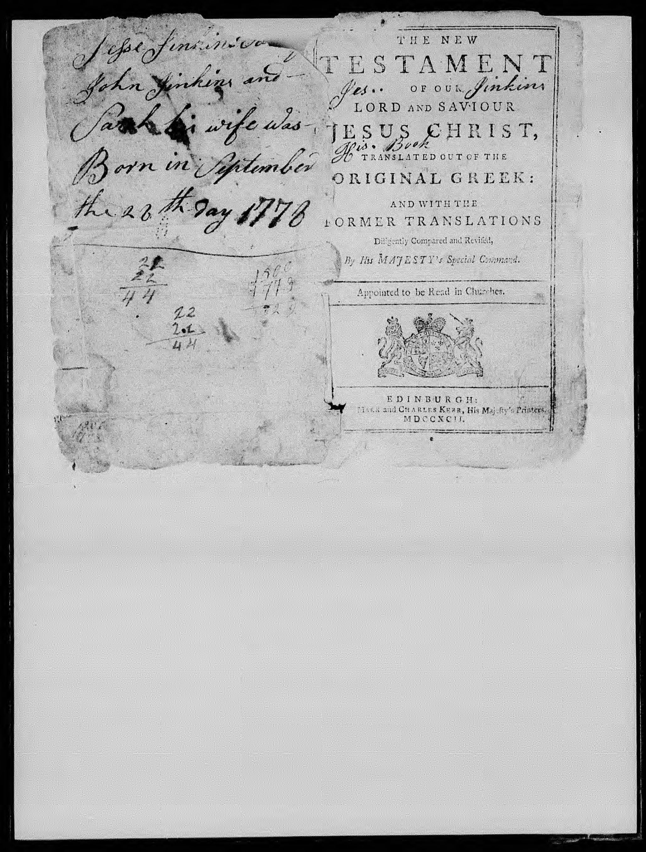 Bible Record of John Jenkins and Sarah Jenkins, 28 September 1778, page 2