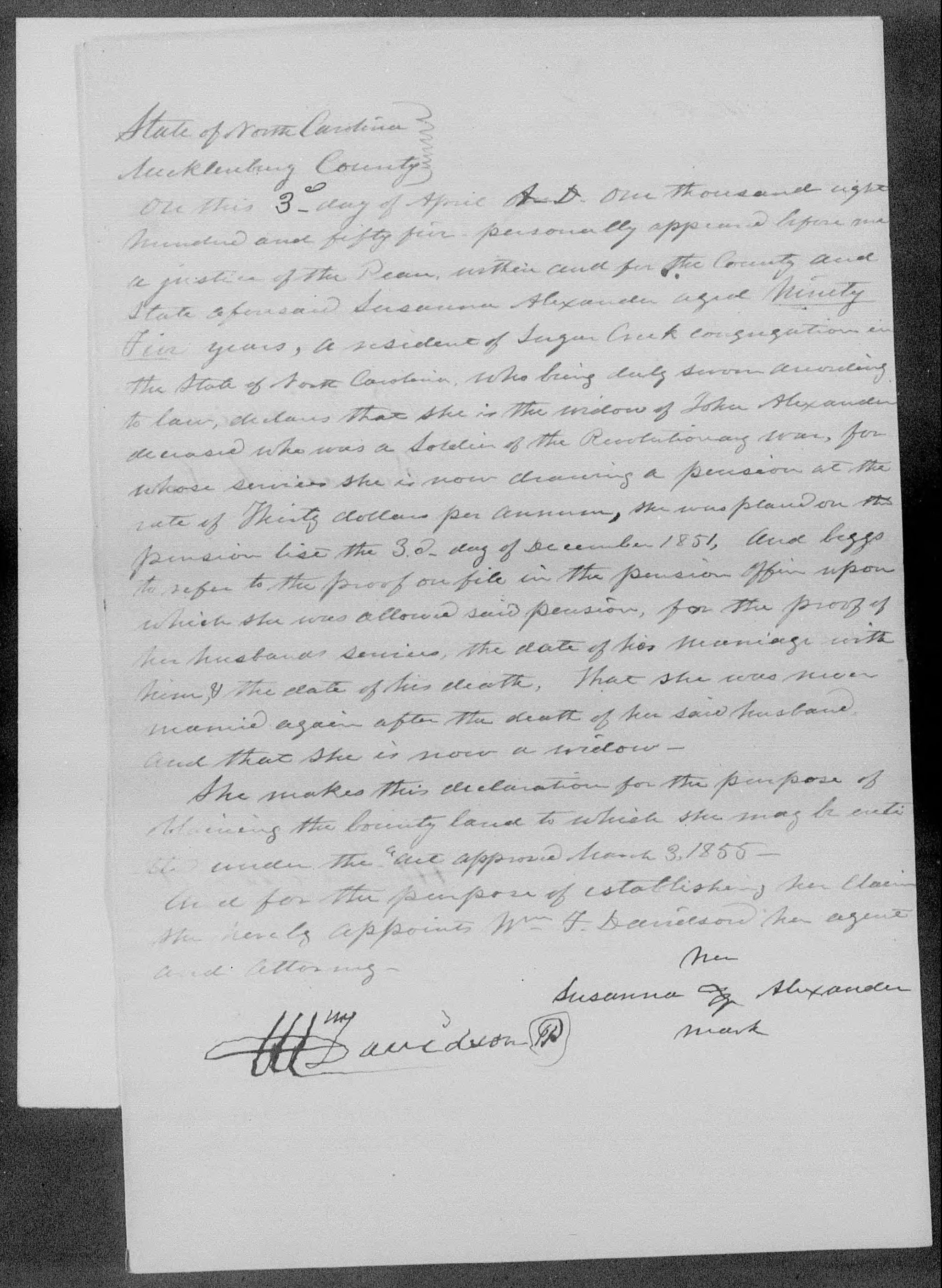 Appointment of William Davidson as Susana Alexander's Power of Attorney, 3 April 1855, page 1
