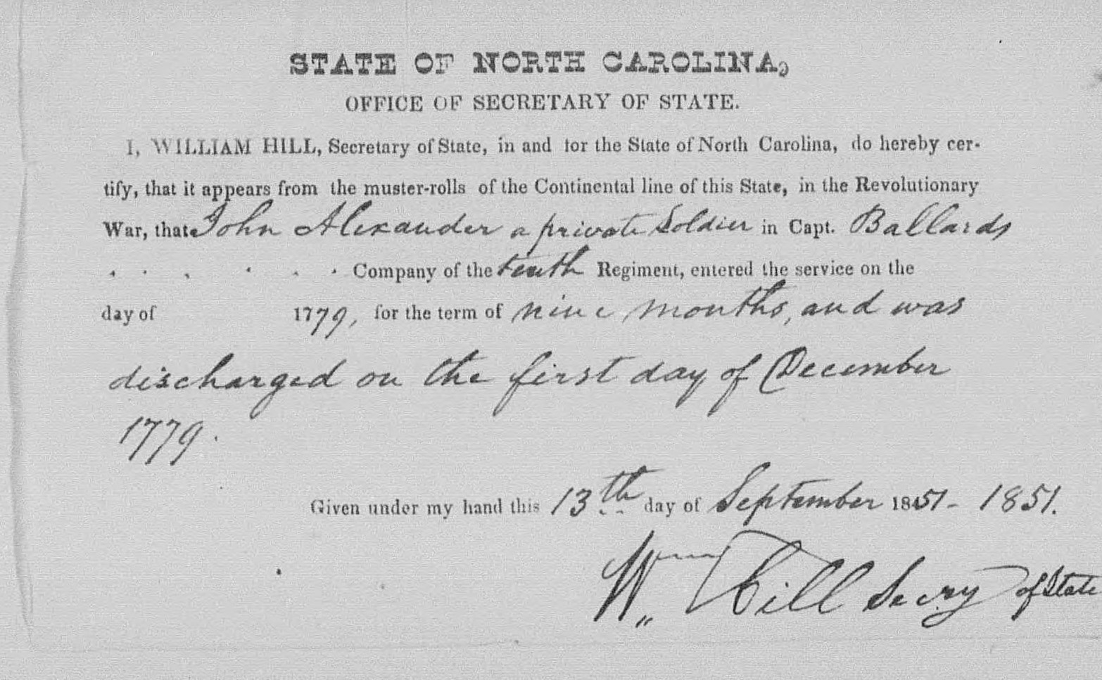 Proof of Service for John Alexander, 13 September 1851