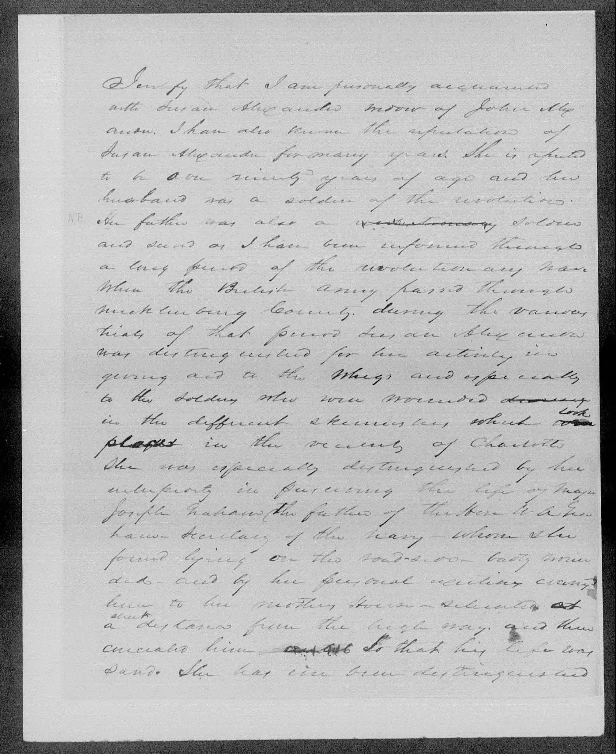 Affidavit of James W. Osborne in support of a Pension Claim for Susana Alexander, 25 September 1851, page 1