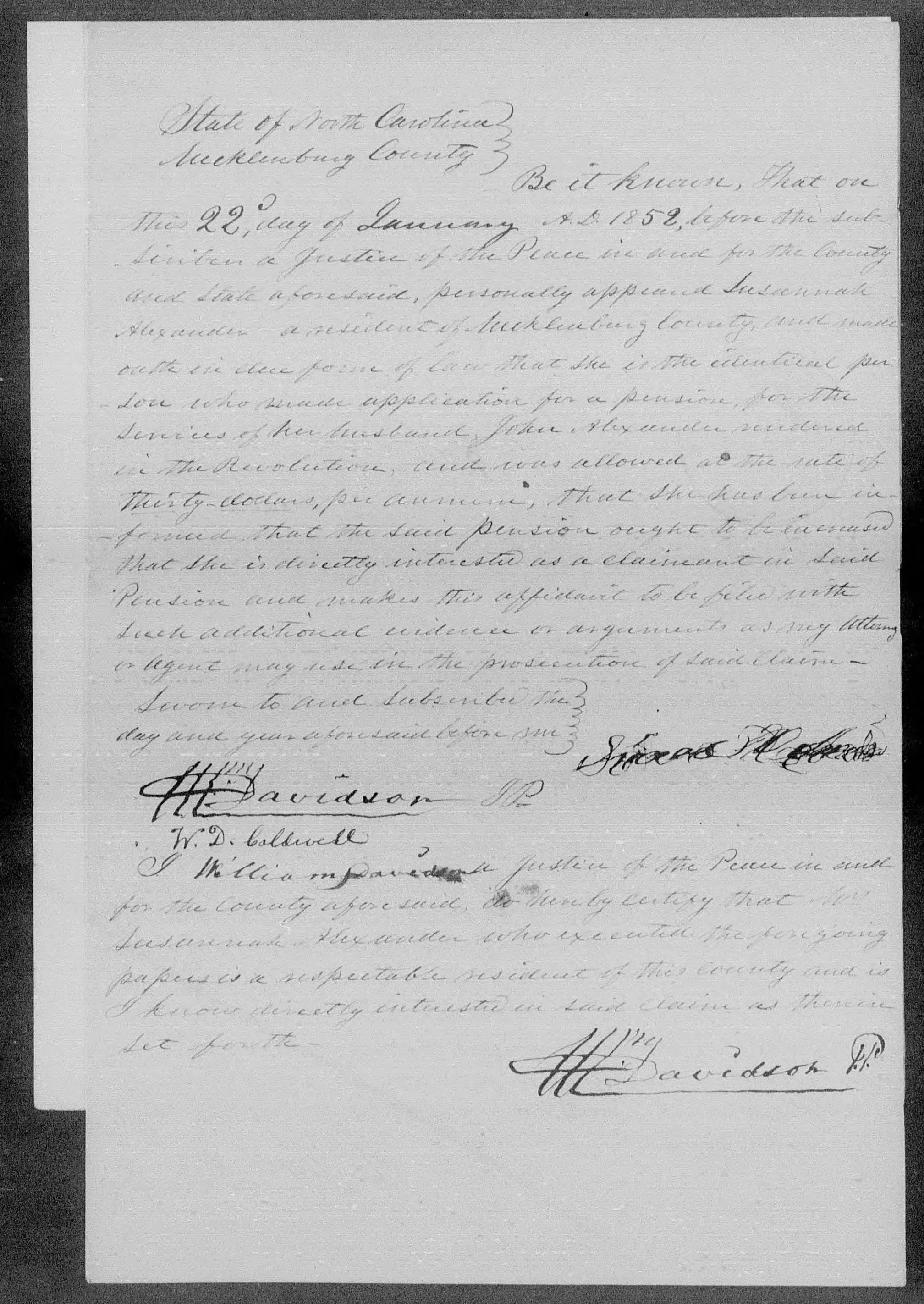 Application for a Widow's Pension from Susana Alexander, 22 January 1852, page 1
