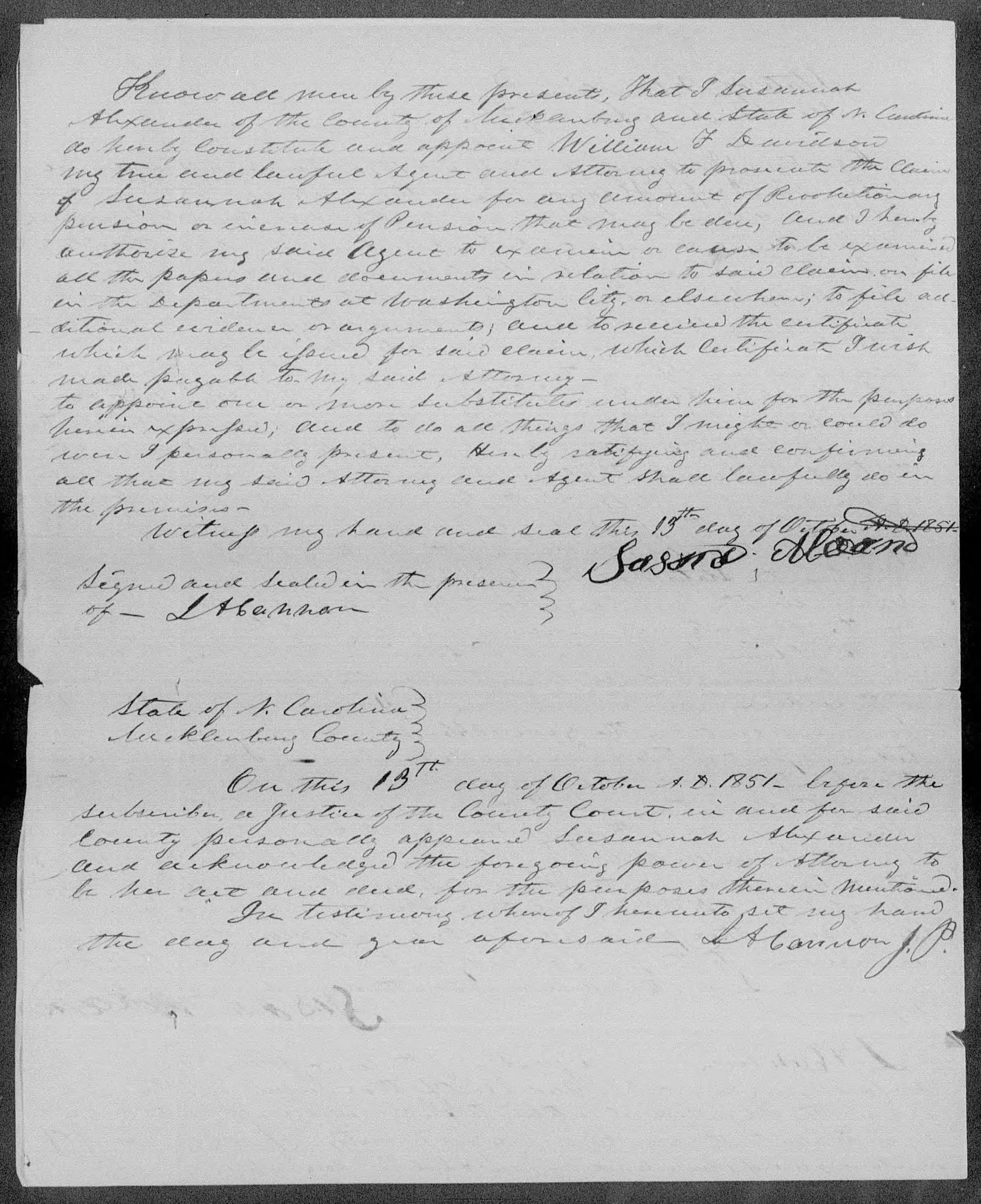 Application for a Widow's Pension from Susana Alexander, 13 October 1851, page 2