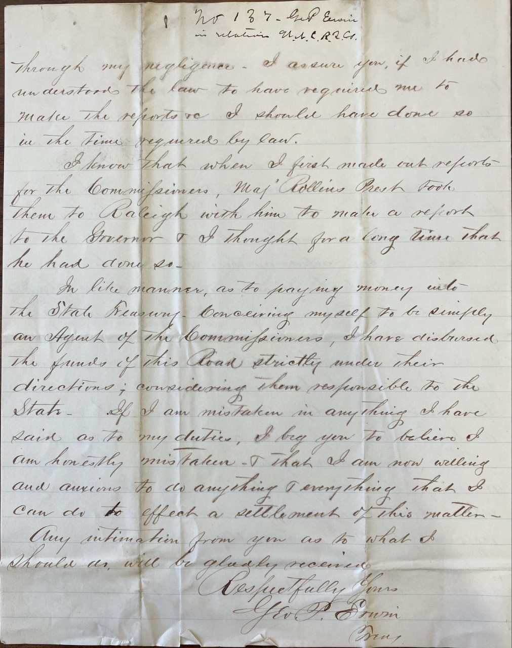 Page 3 of letter from Geo. P. Erwin to ZBV, March 16, 1877