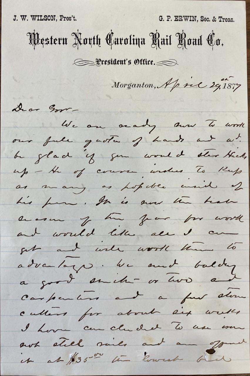 Page 1 of Letter from J. W. Wilson to Z. B. Vance, April 29, 1877