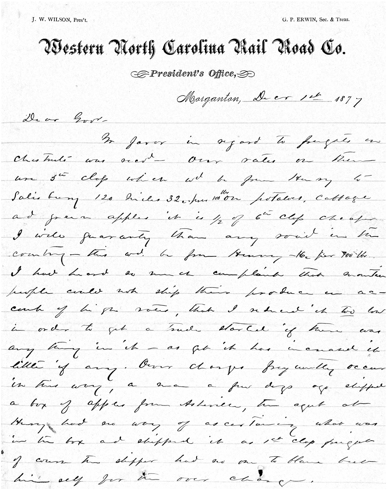 Letter from James W. Wilson to Zebulon B. Vance, 1 December 1877