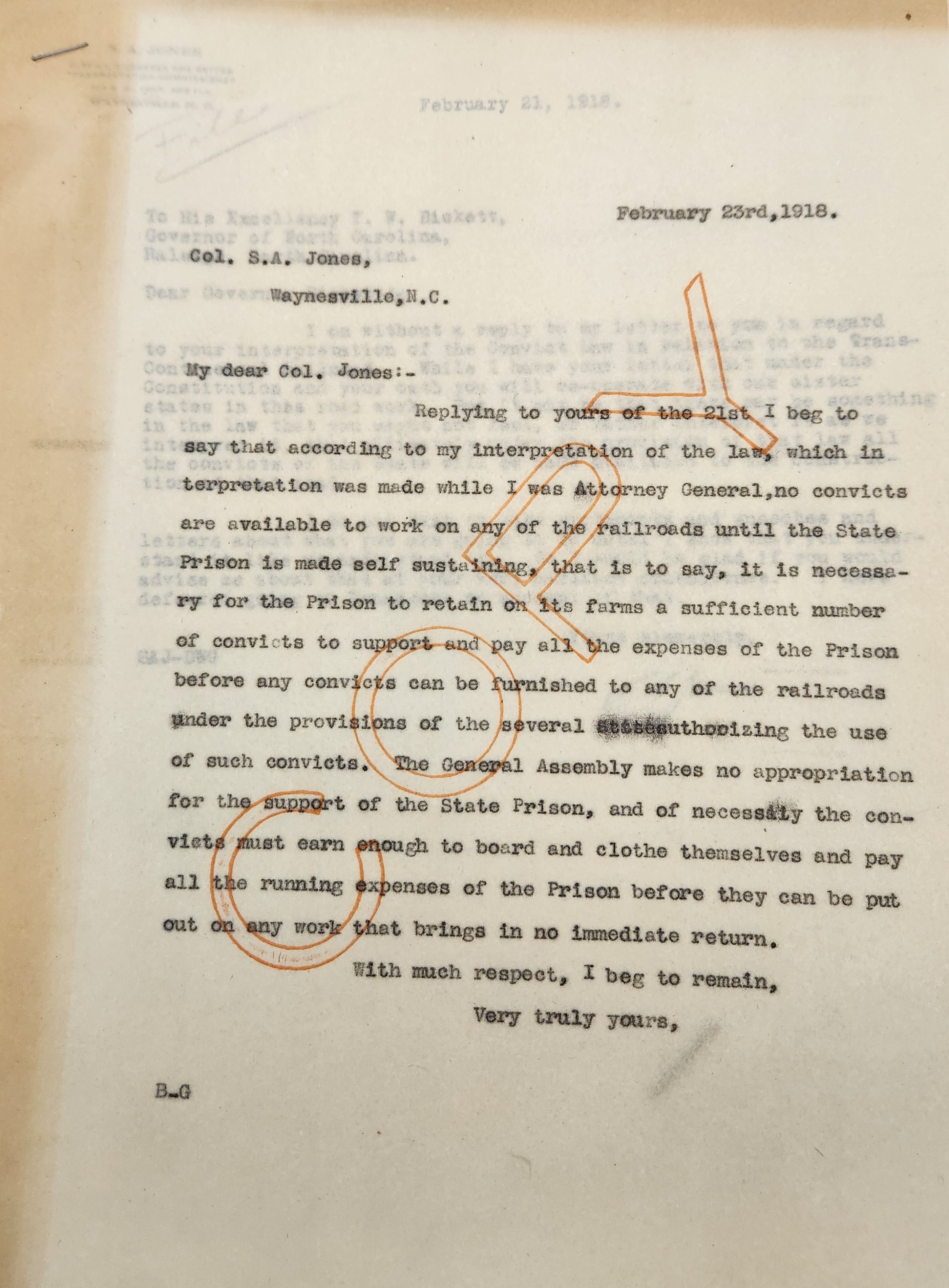 Letter from Bickett to Jones, February 23, 1918