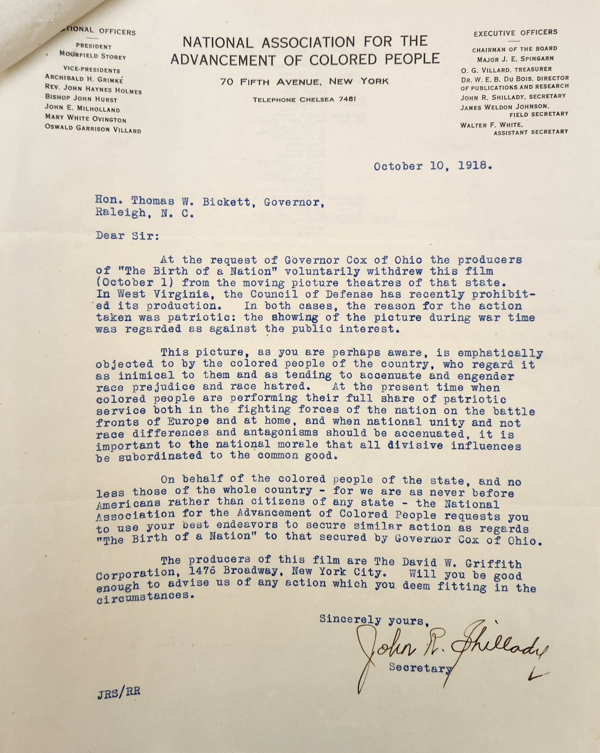 Letter from Shillady to Bickett, October 10, 1918