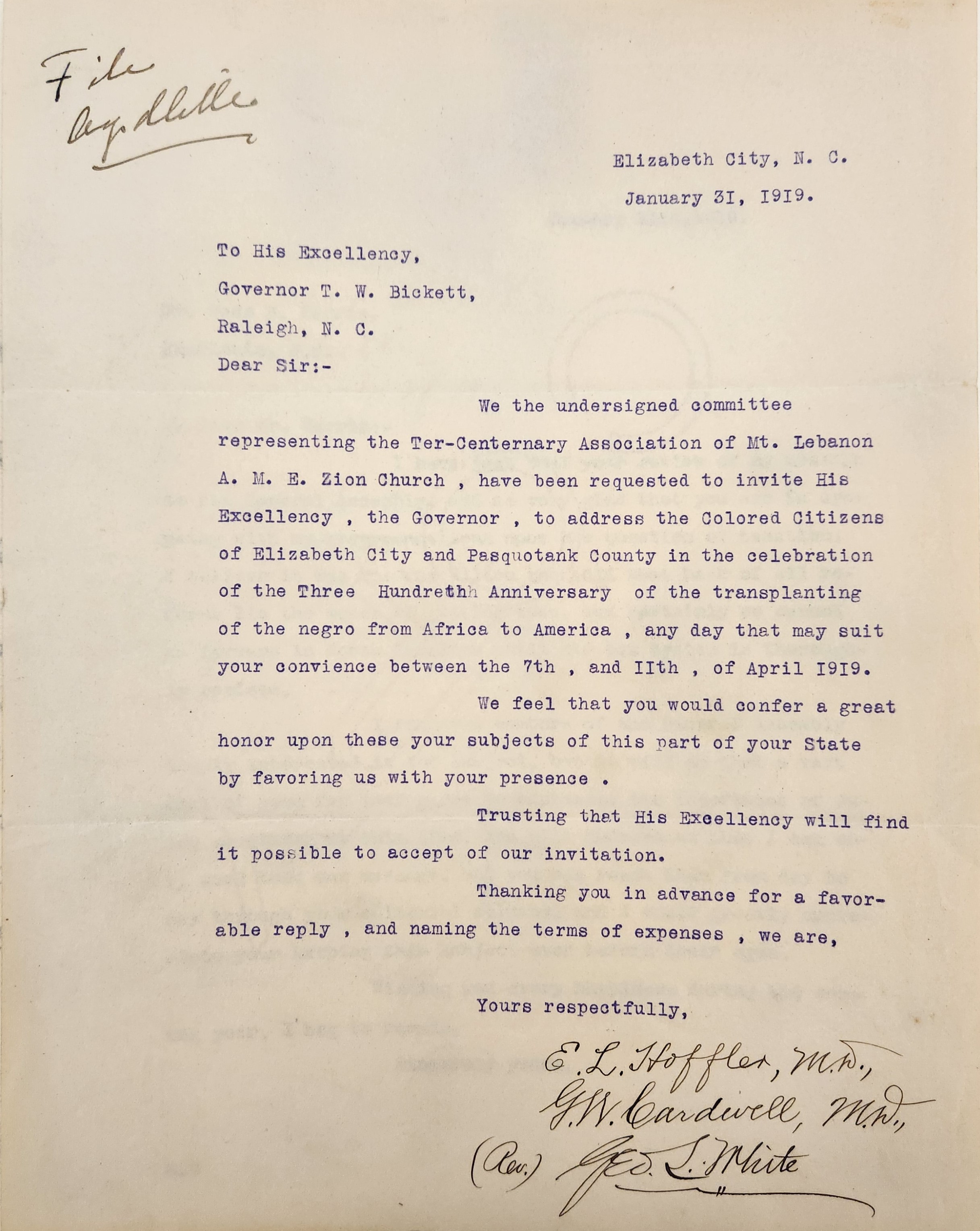 Letter from Hoffler, Cardwell, and Smith to Bickett, January 31, 1919