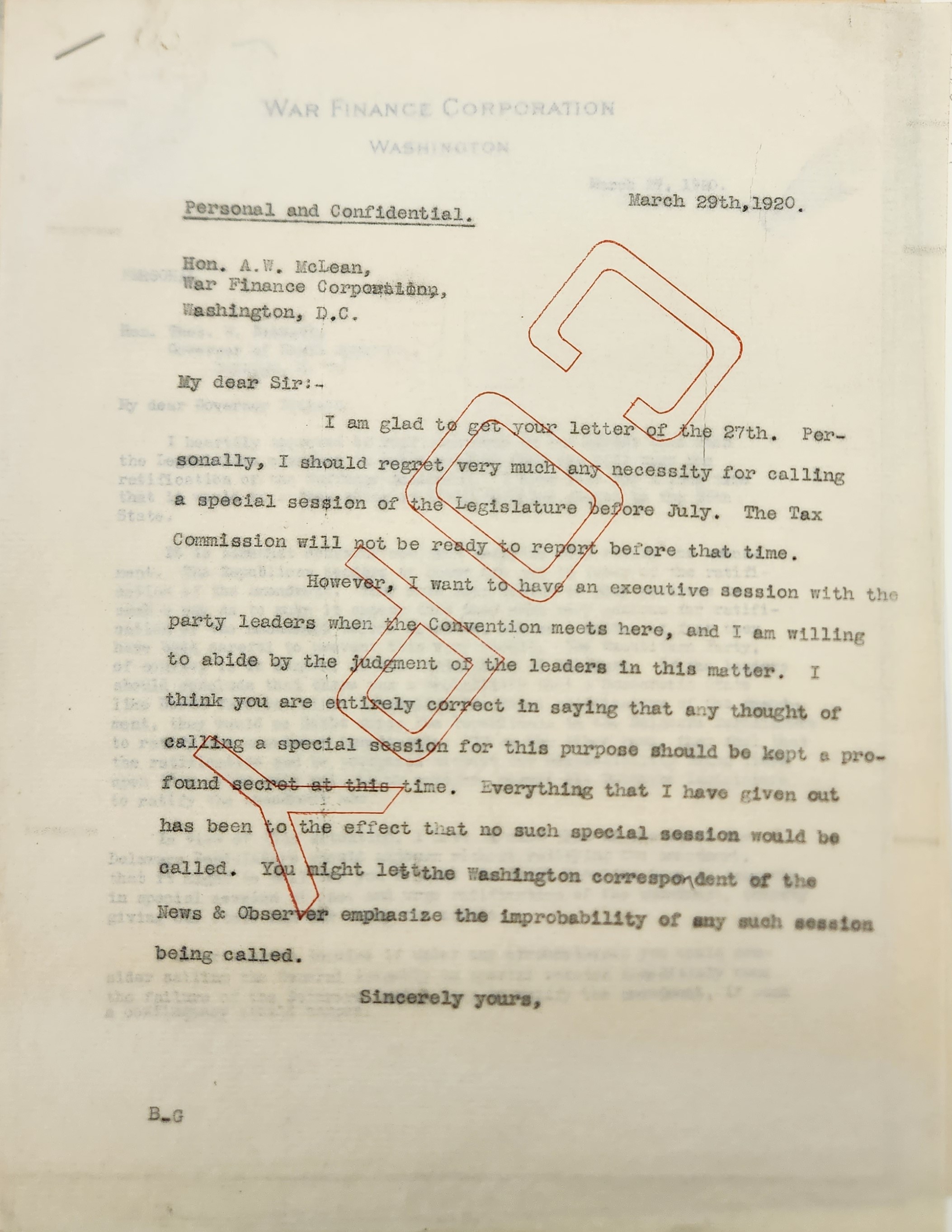 Letter from Bickett to McLean, March 29, 1920