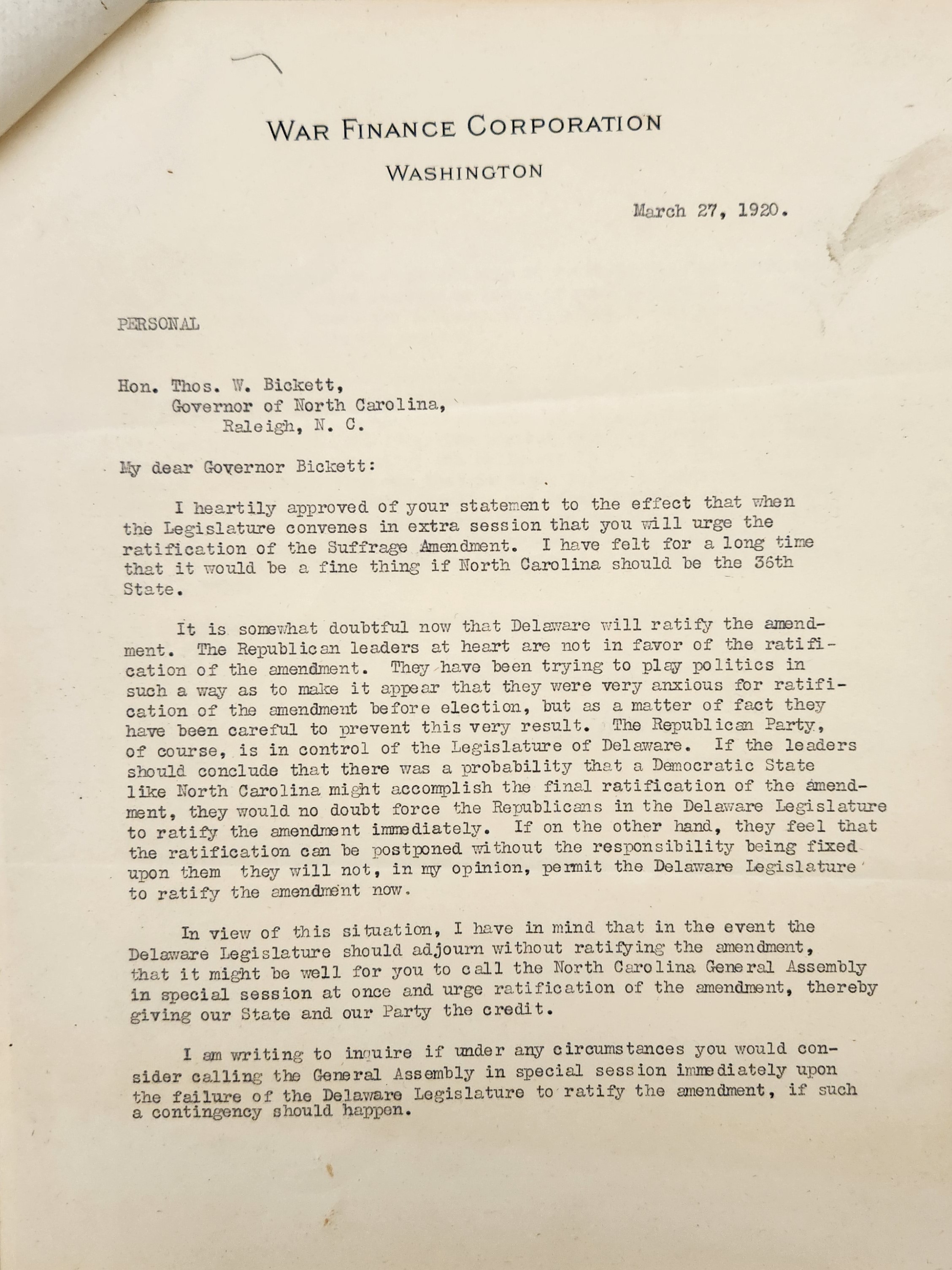 Letter from McLean to Bickett, March 27, 1920, page 1