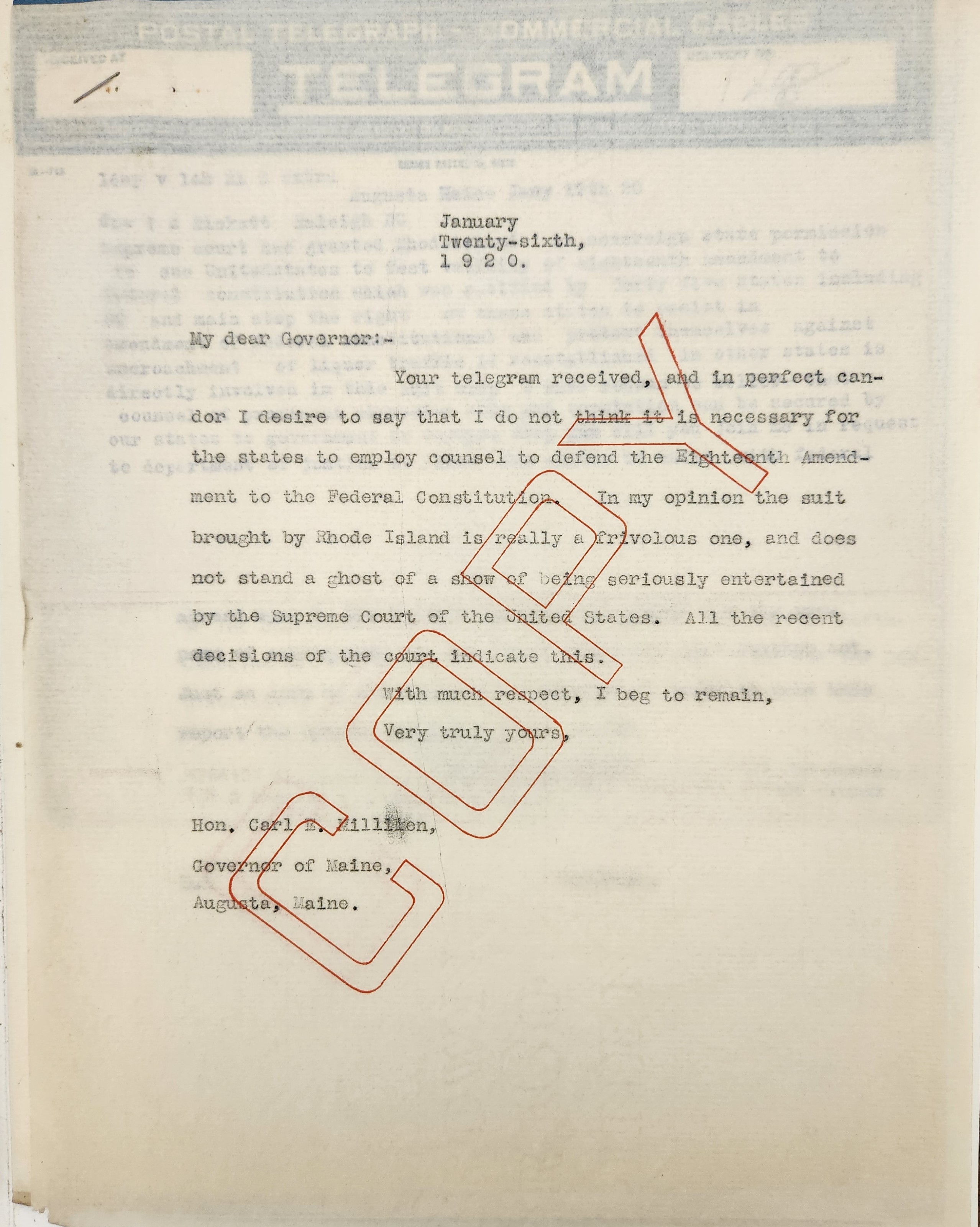 Letter from Bickett to Milliken, January 26, 1920