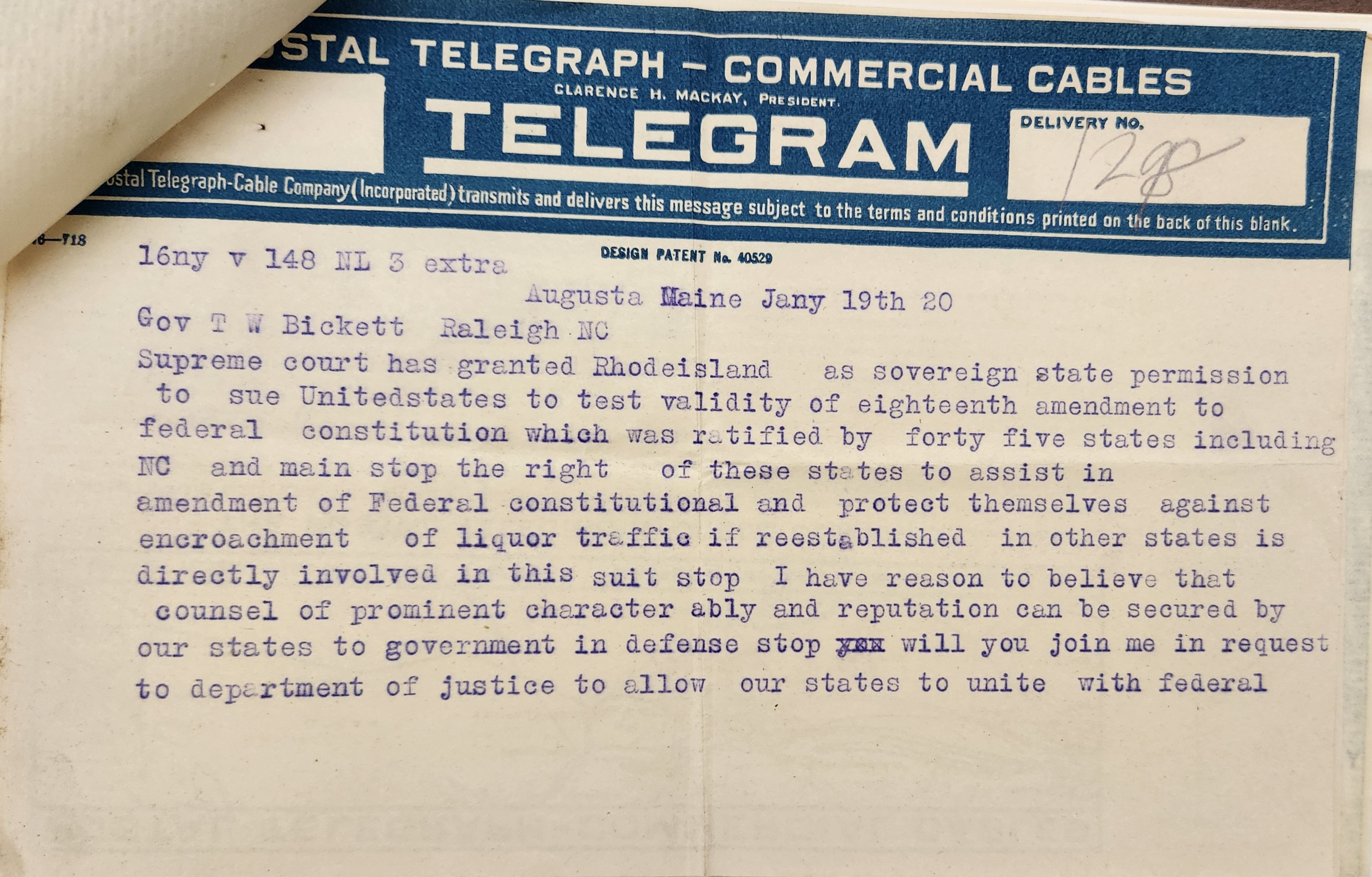 Telegram from Milliken to Bickett, January 19, 1920, page 1