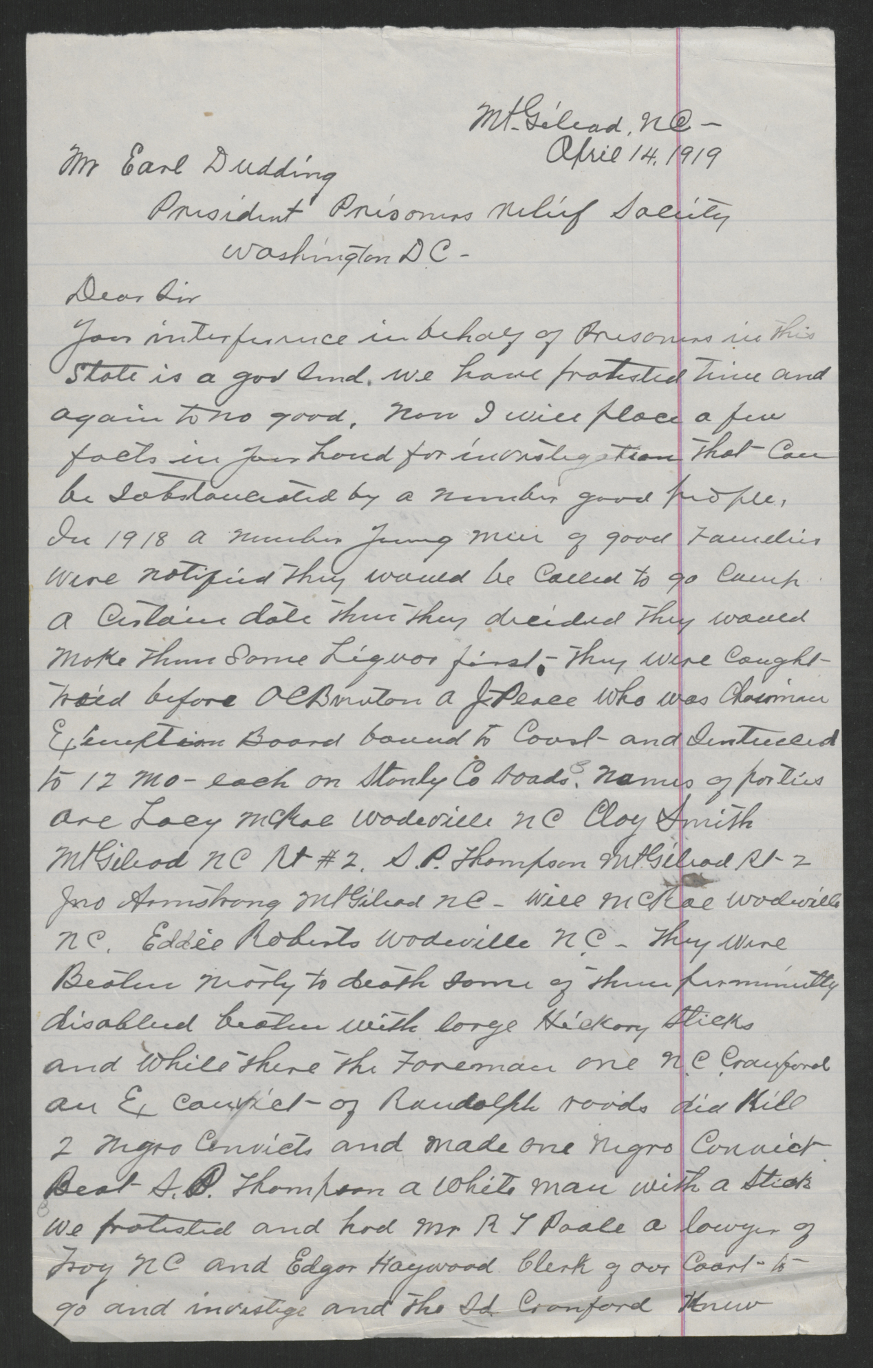 Letter from Dulls to Dudding, April 14, 1919, page 1
