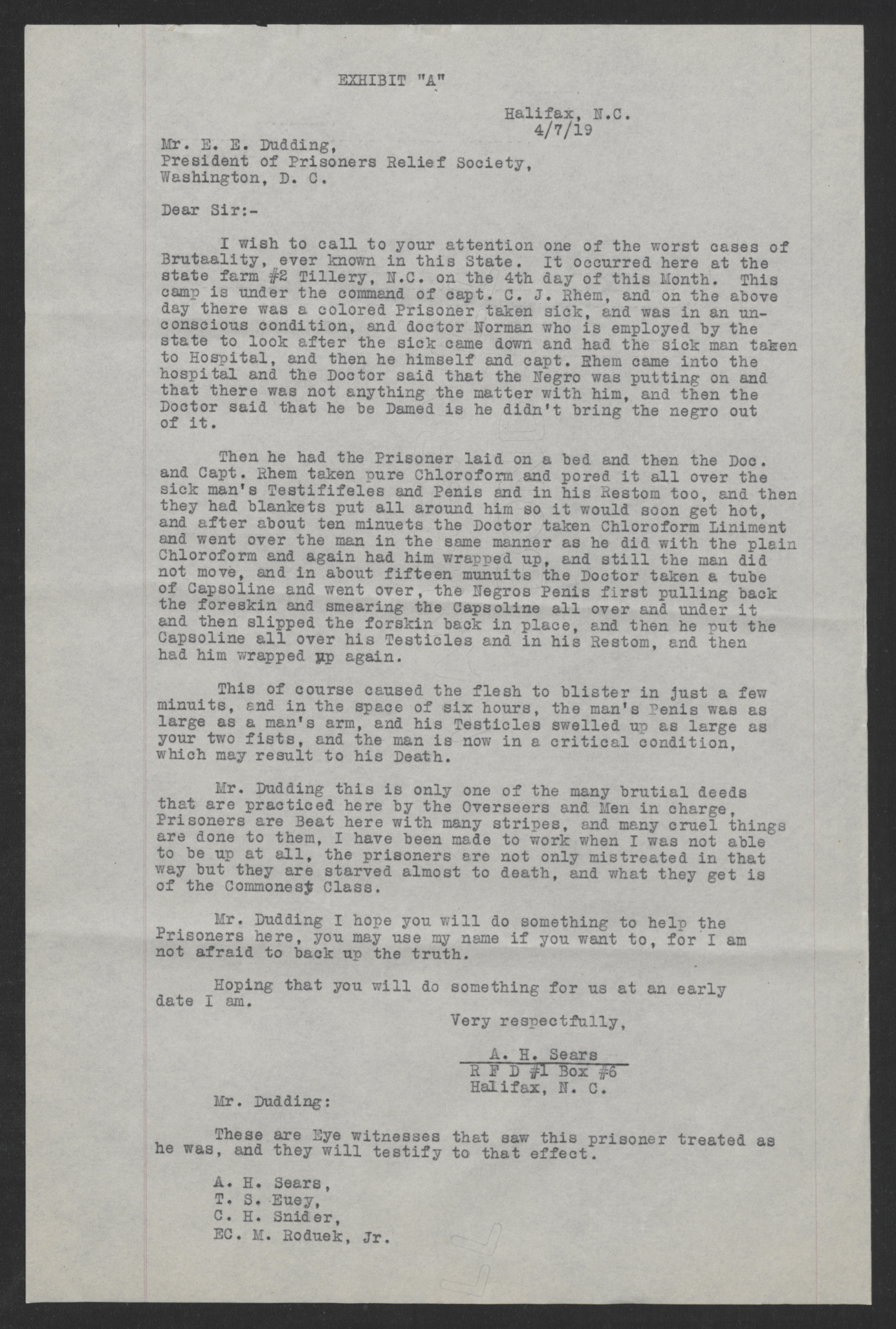 Exhibit A in the Investigation of the Charges Made by Inmates of the State Prison Farm to Earl E. Dudding, 12 May 1919