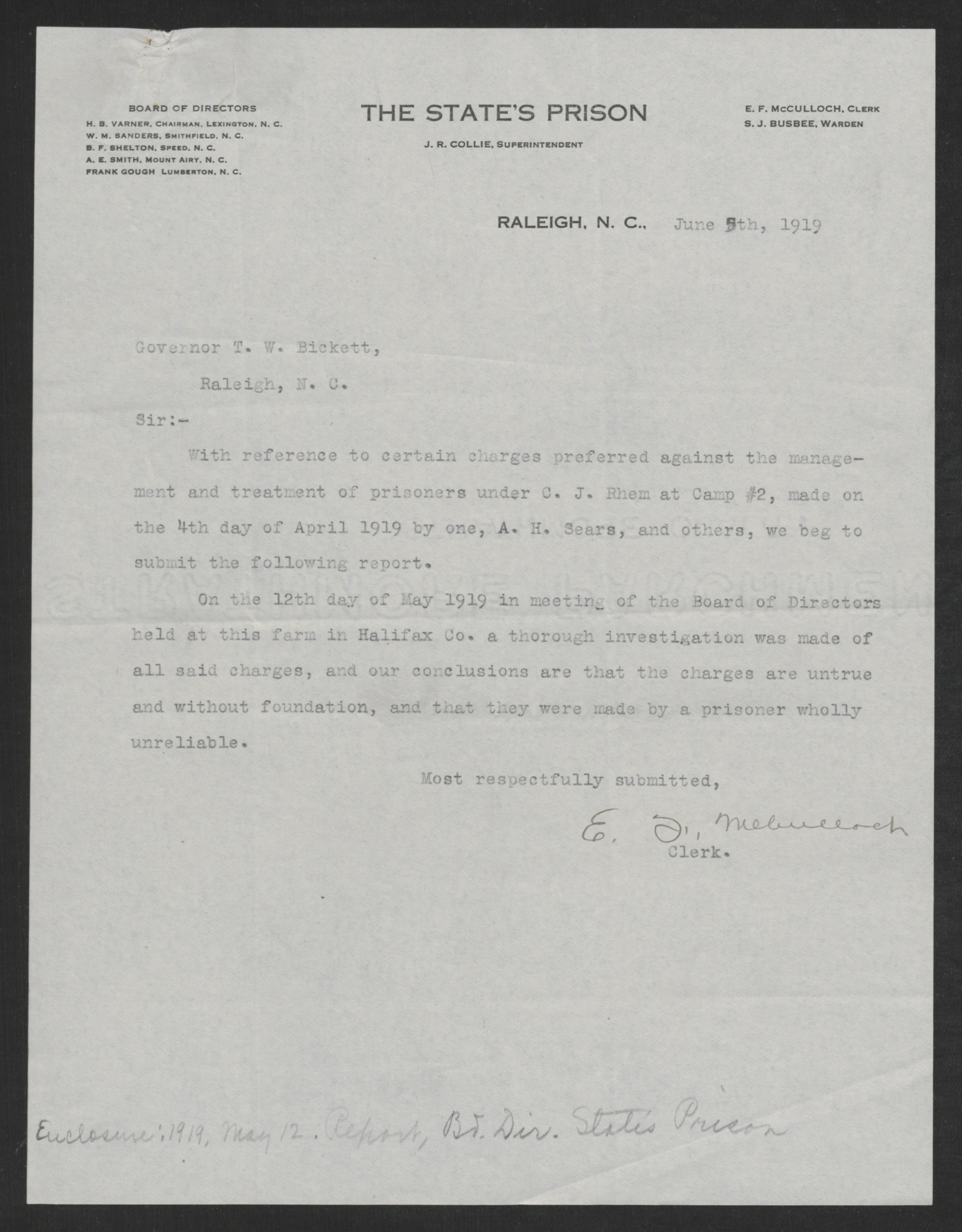 Letter from McCulloch to Bickett, June 5, 1919