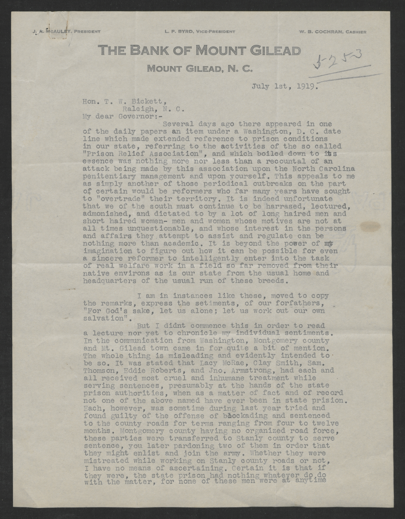 Letter from Steed to Bickett, July 1, 1919, page 1