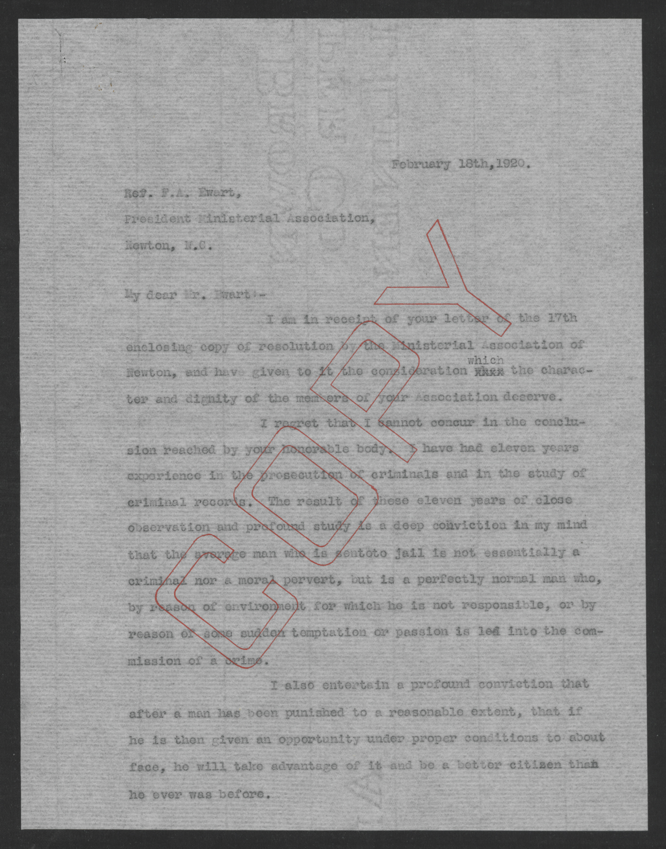 Letter from Bickett to Ewart, February 18, 1920, page 1