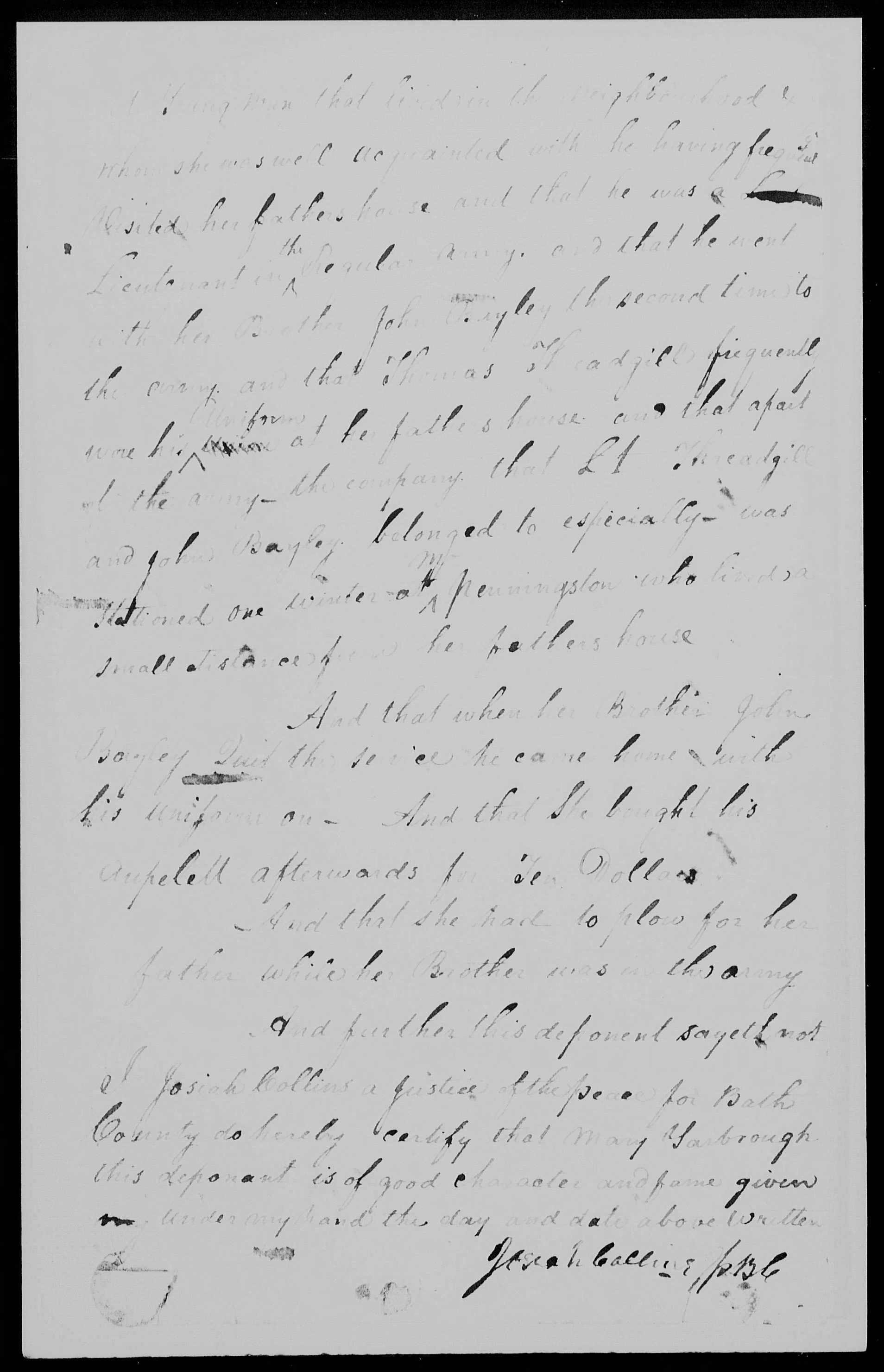 Affidavit of Mary Yarborough in support of a Pension Claim for John Bailey, 20 June 1825, page 2