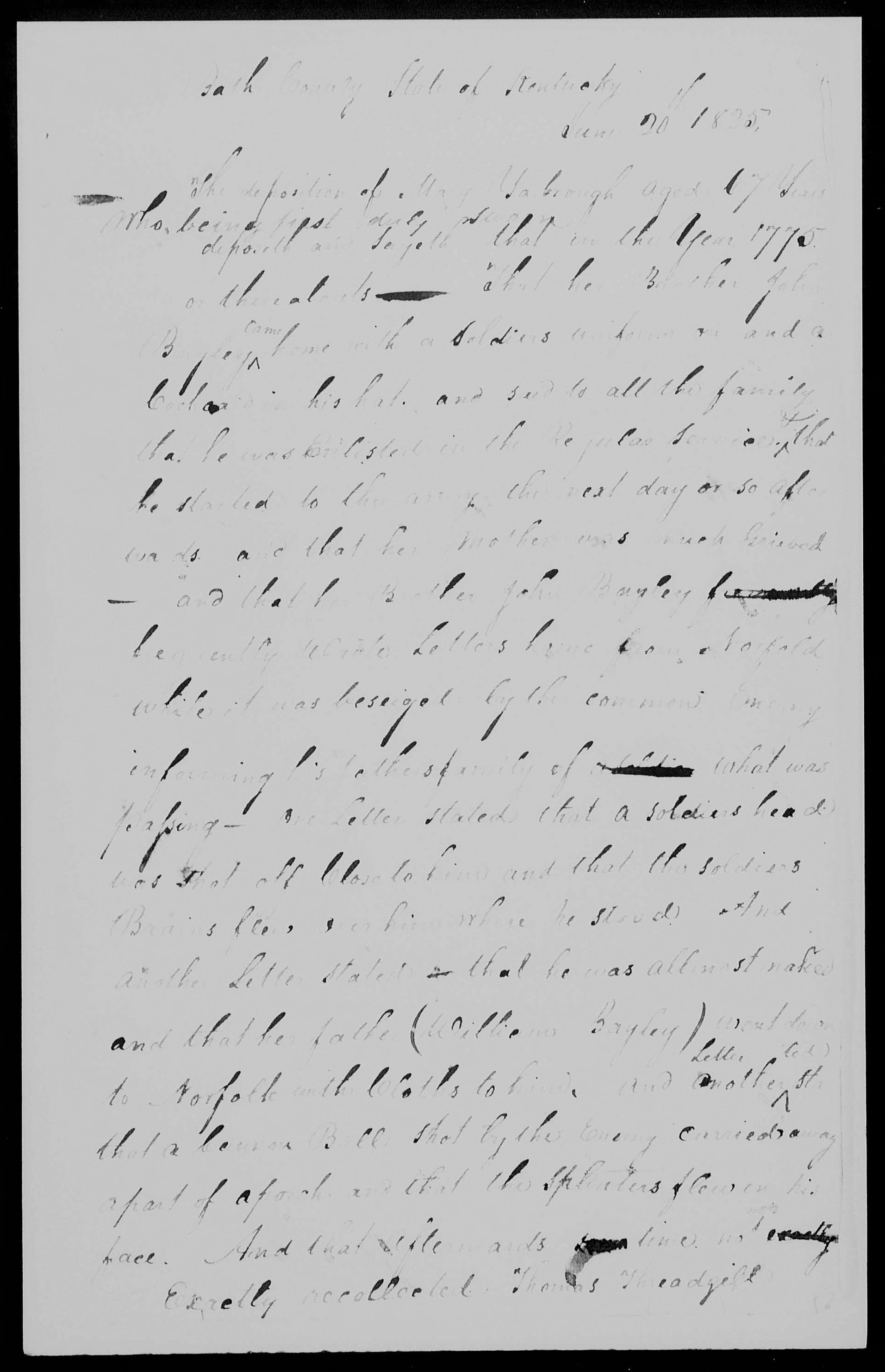 Affidavit of Mary Yarborough in support of a Pension Claim for John Bailey, 20 June 1825, page 1
