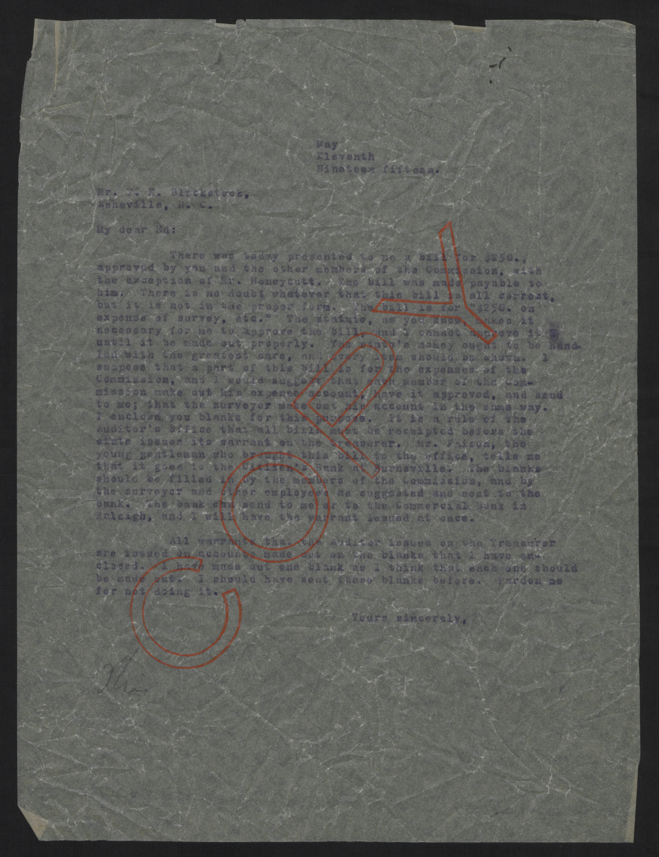 Letter from Craig to Blackstock, May 11, 1915
