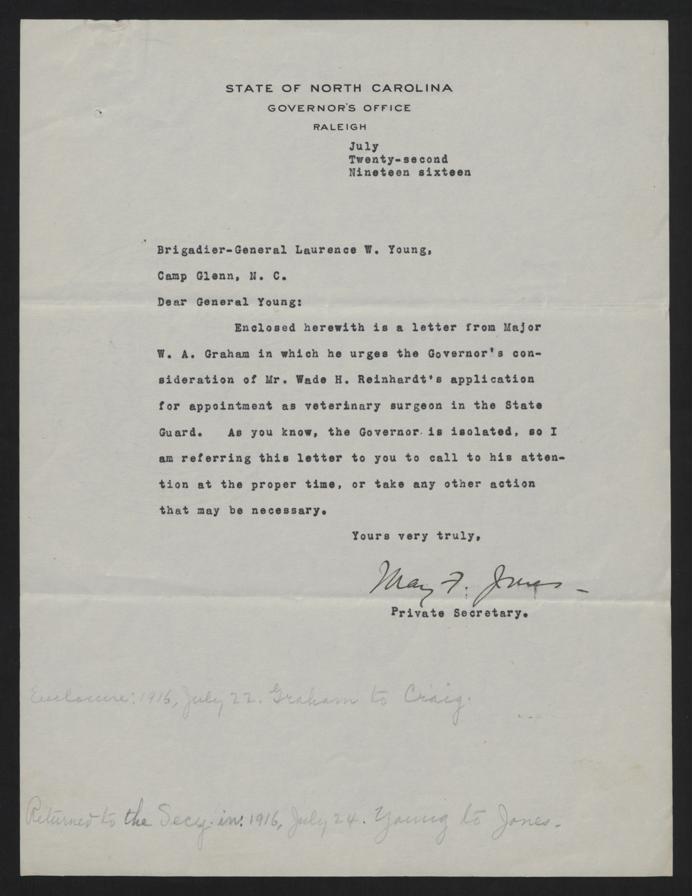 Letter from Jones to Young, July 22, 1916