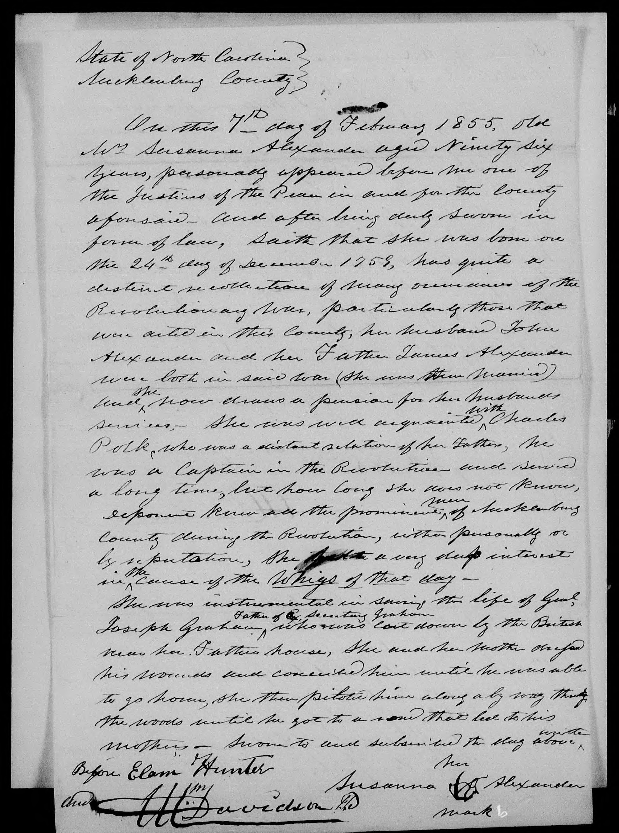 Affidavit of Susana Alexander in support of a Pension Claim for Charles Polk, 7 February 1855, page 1